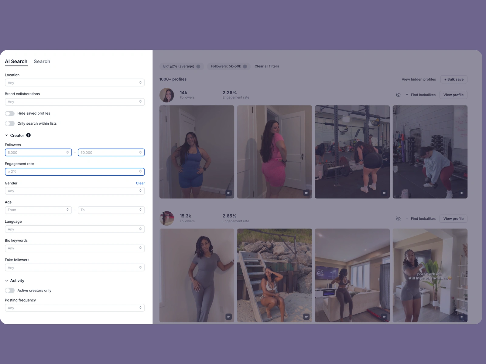 Modash filters narrowing activewear creators