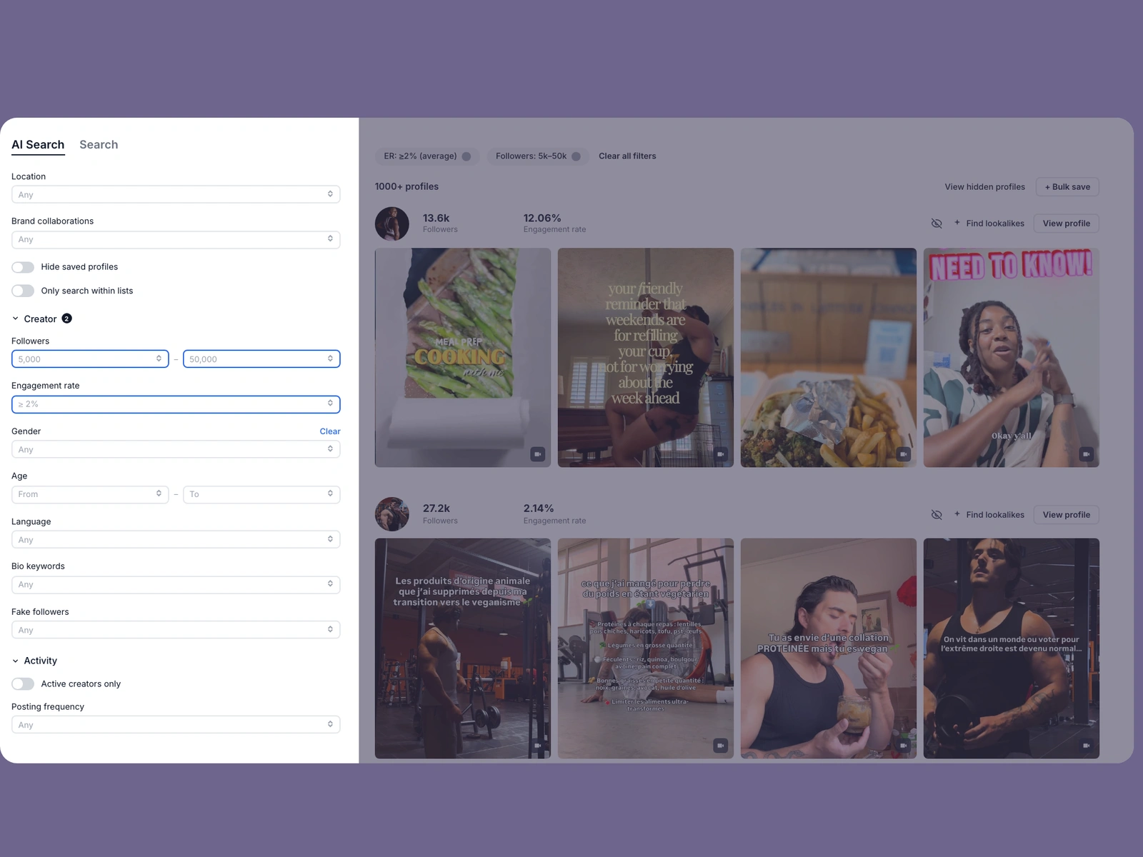 Modash filters narrowing vegan fitness creators