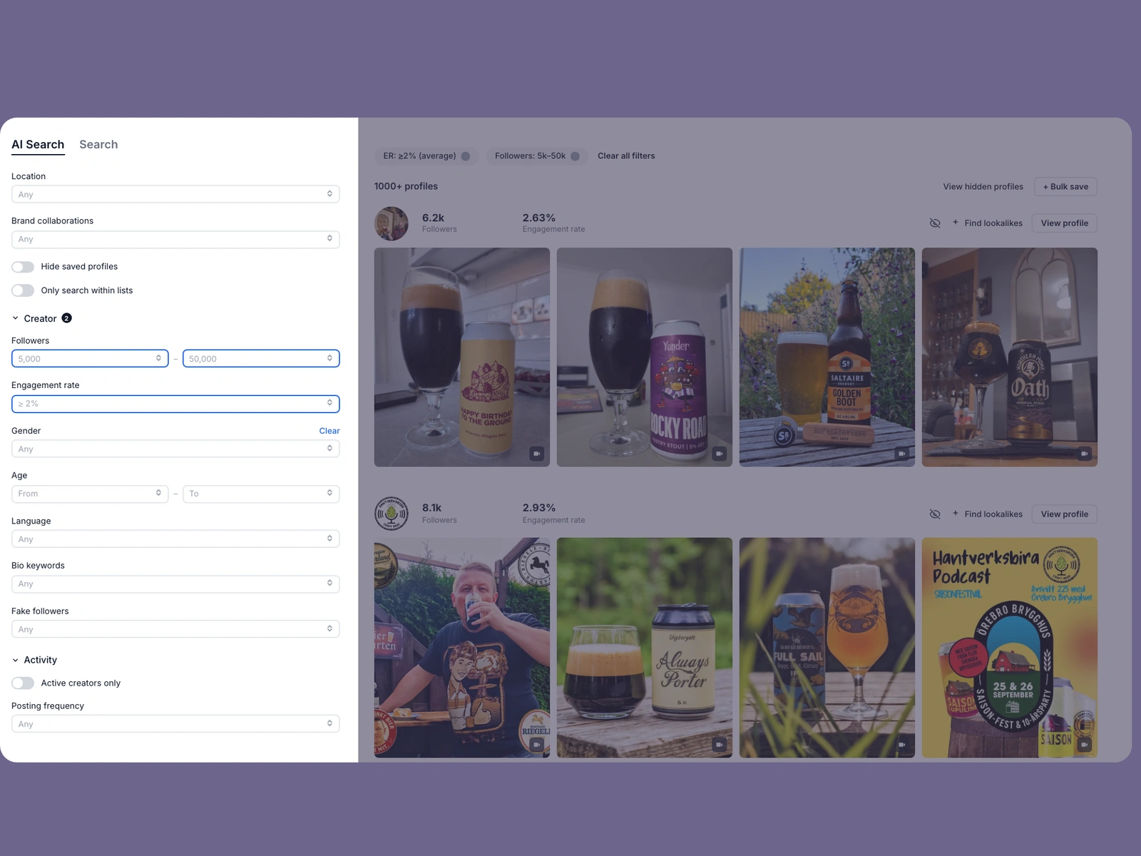 Modash filters narrowing beer creators