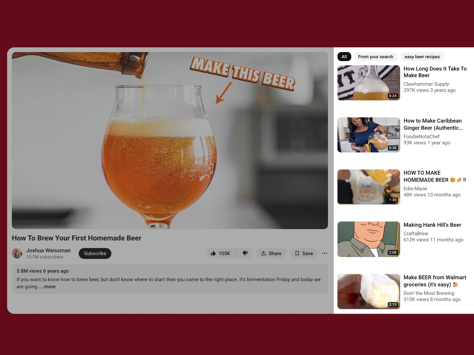 YouTube recommended videos beside a beer video