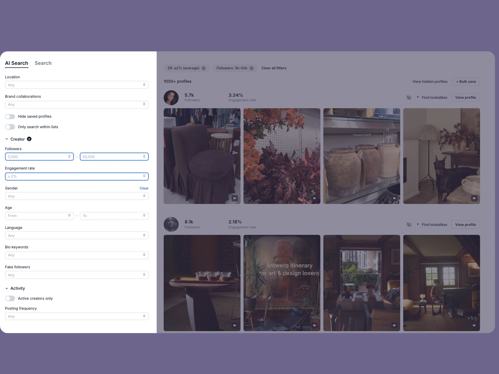 Modash filters narrowing furniture creators