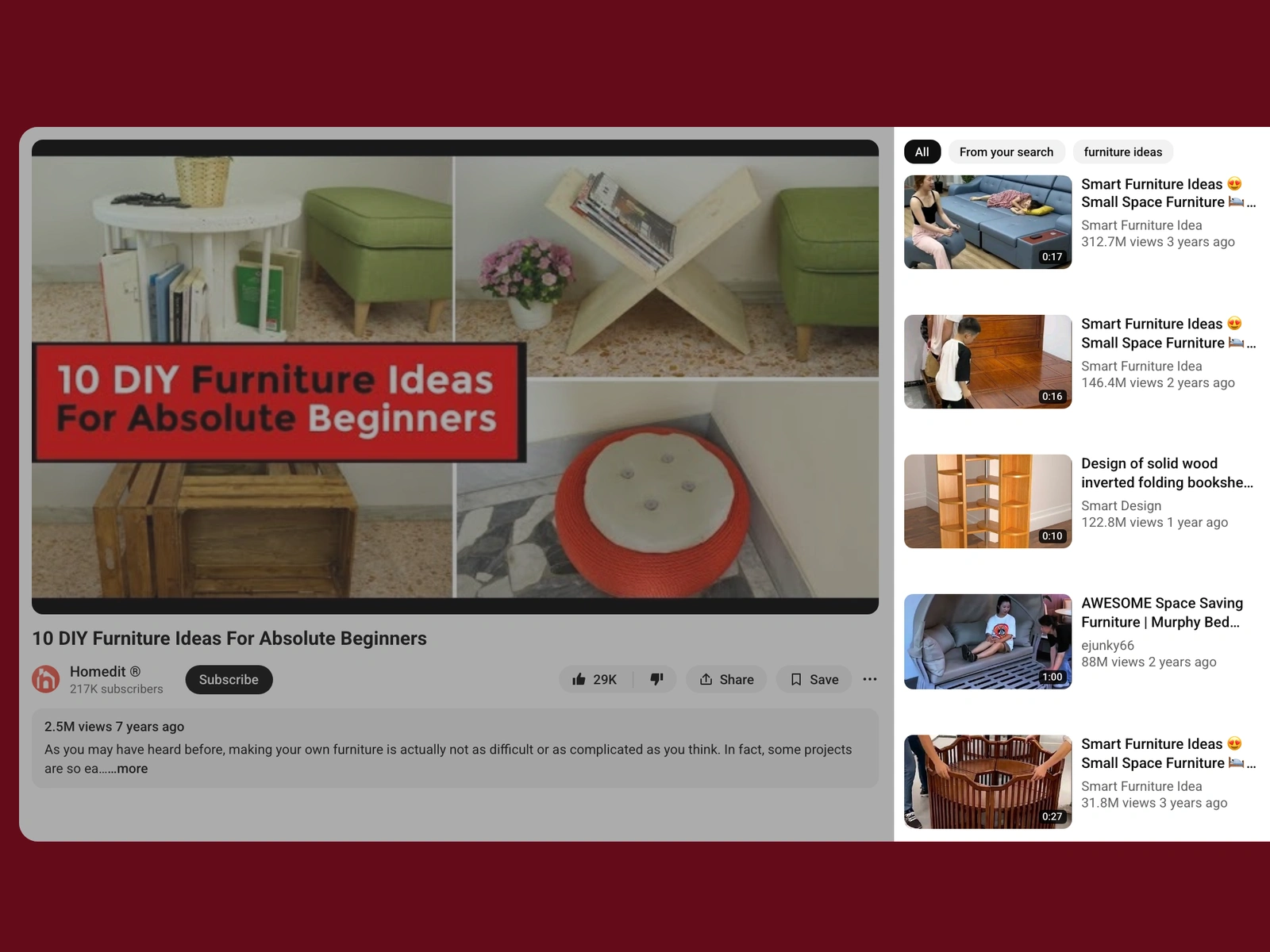 YouTube recommended videos beside a furniture video