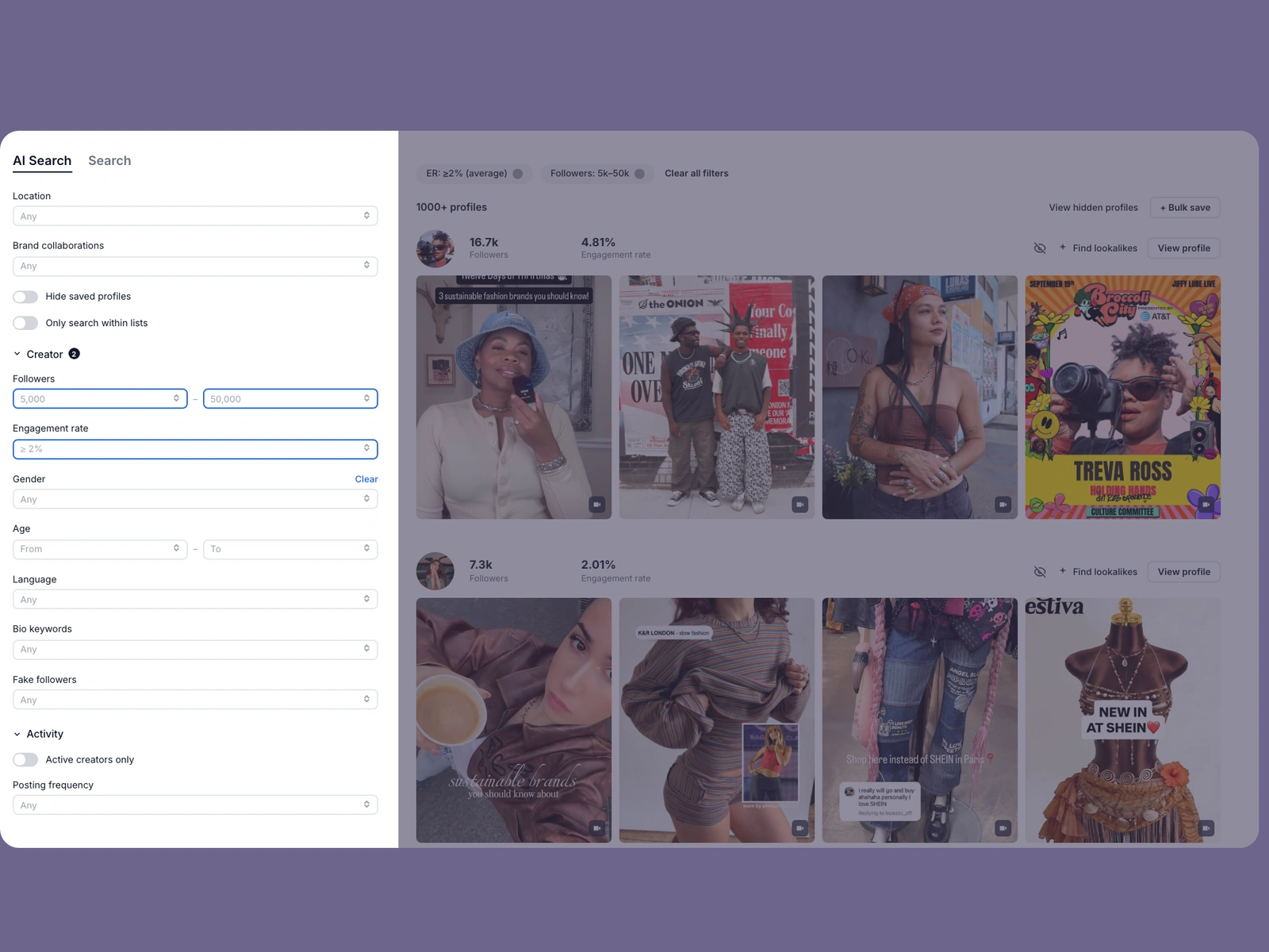 Modash filters narrowing sustainable fashion creators