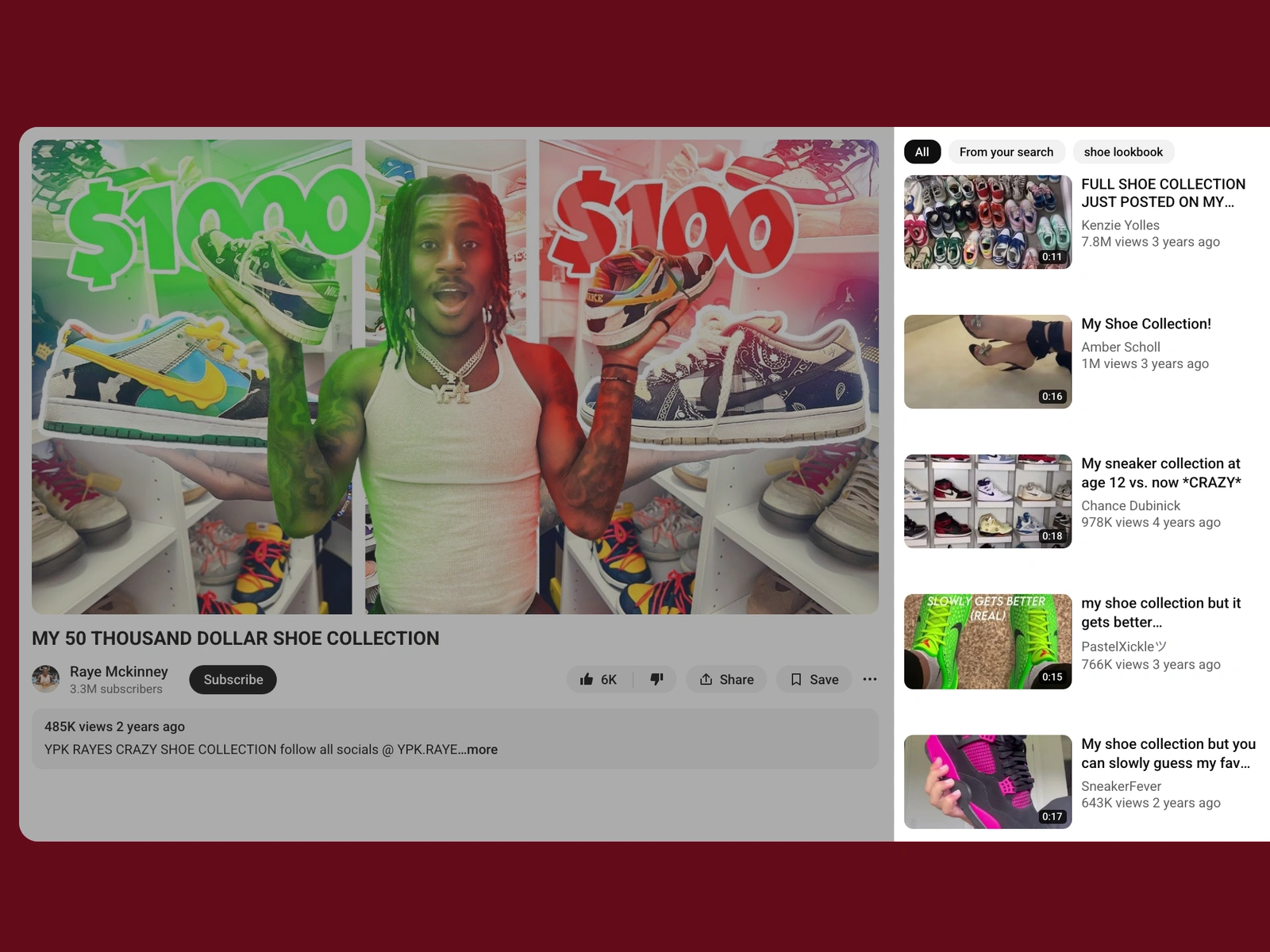YouTube recommended videos beside a shoe video