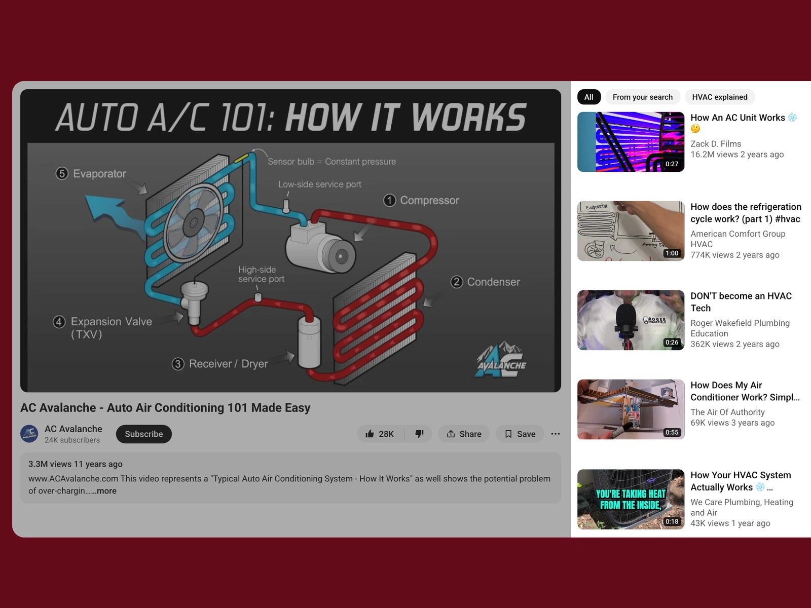 YouTube recommended videos beside a hvac video