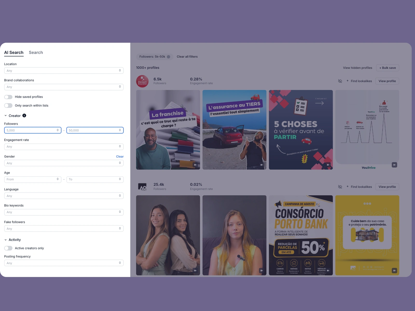 Modash filters narrowing insurance creators