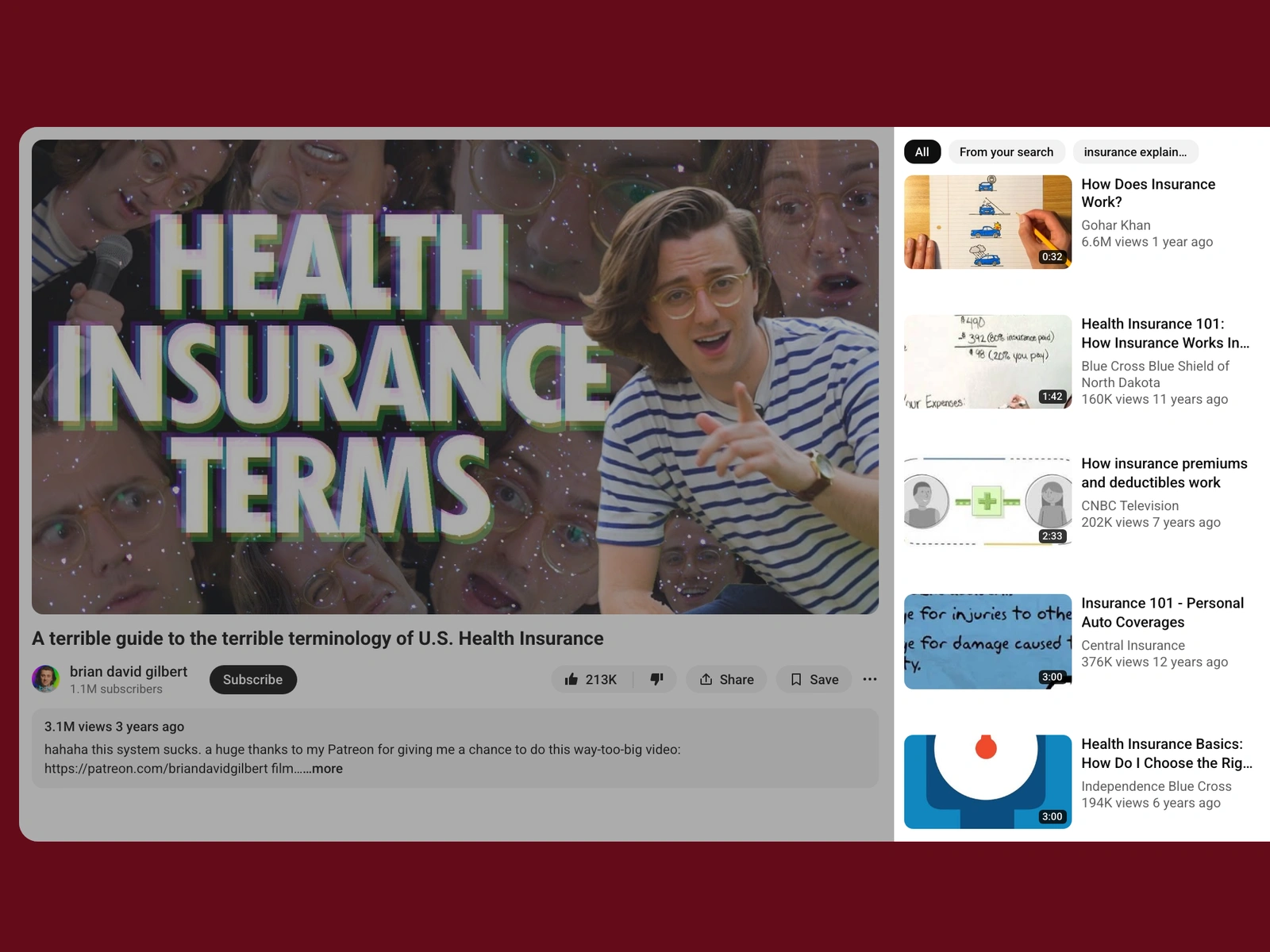 YouTube recommended videos beside a insurance video