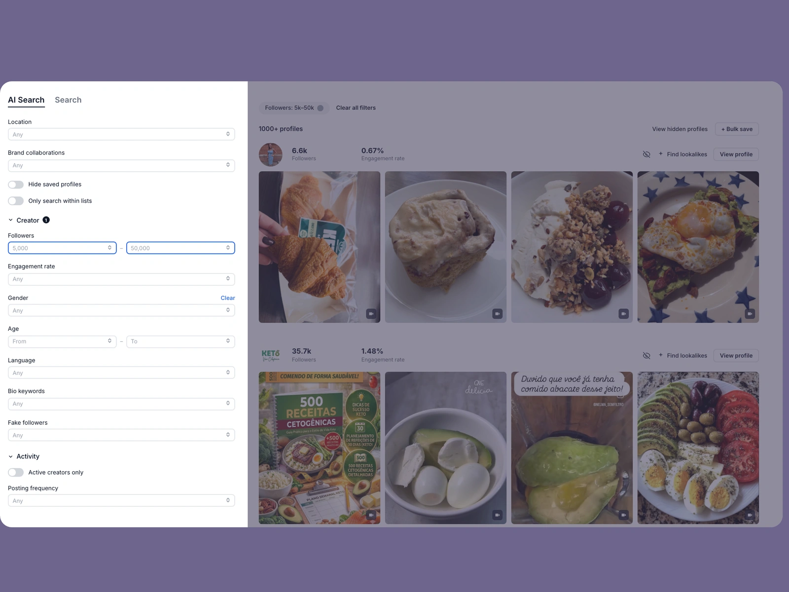 Modash filters narrowing keto creators