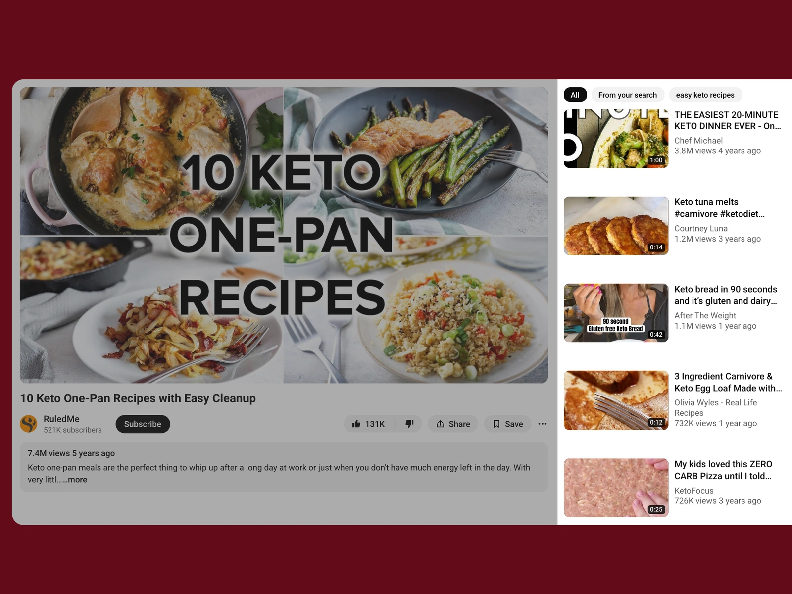 YouTube recommended videos beside a keto video