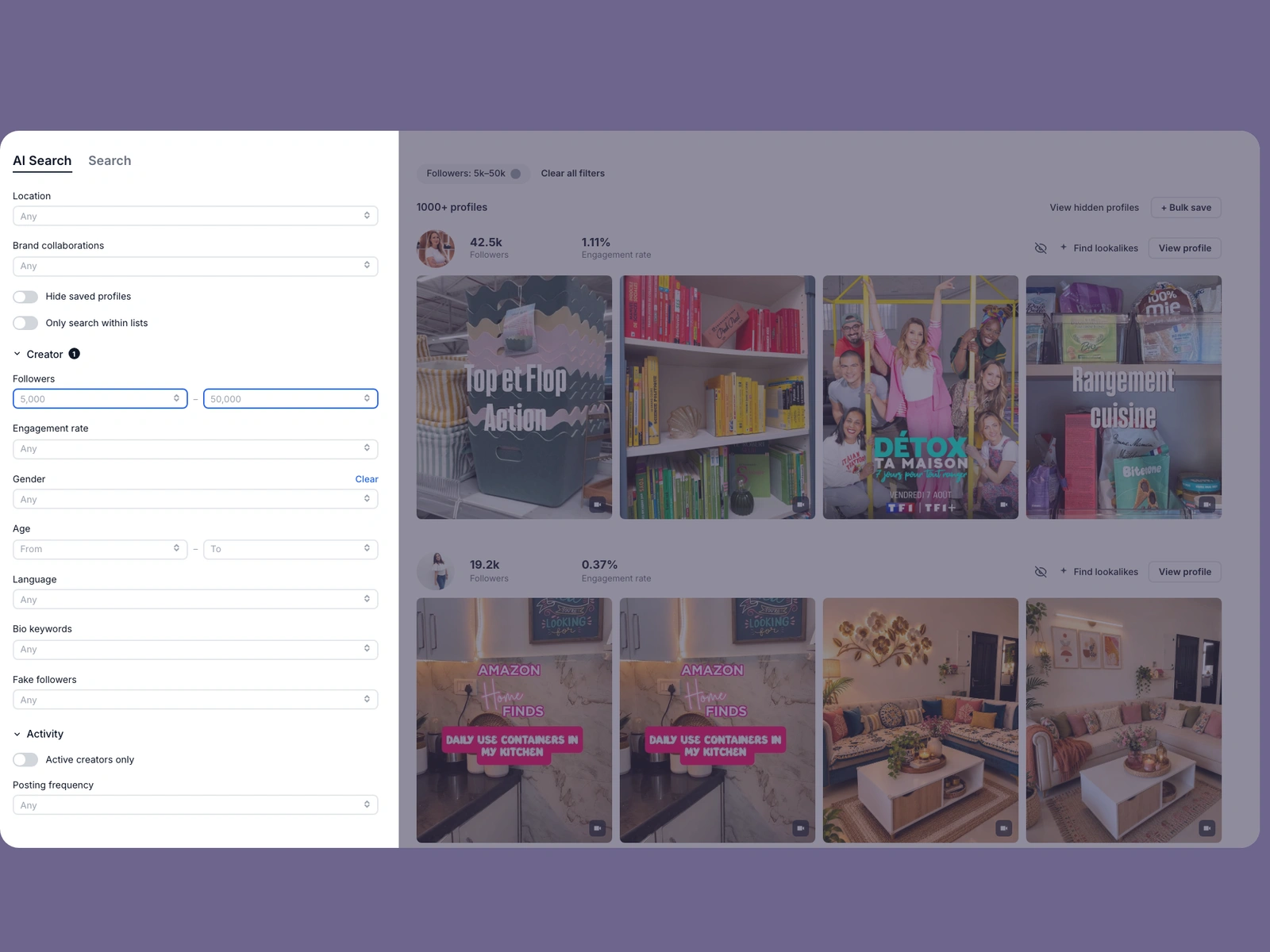 Modash filters narrowing organizing creators