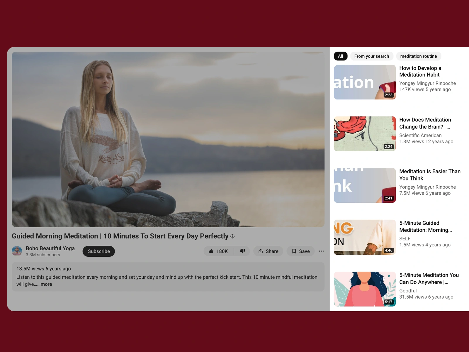 YouTube recommended videos beside a meditation video