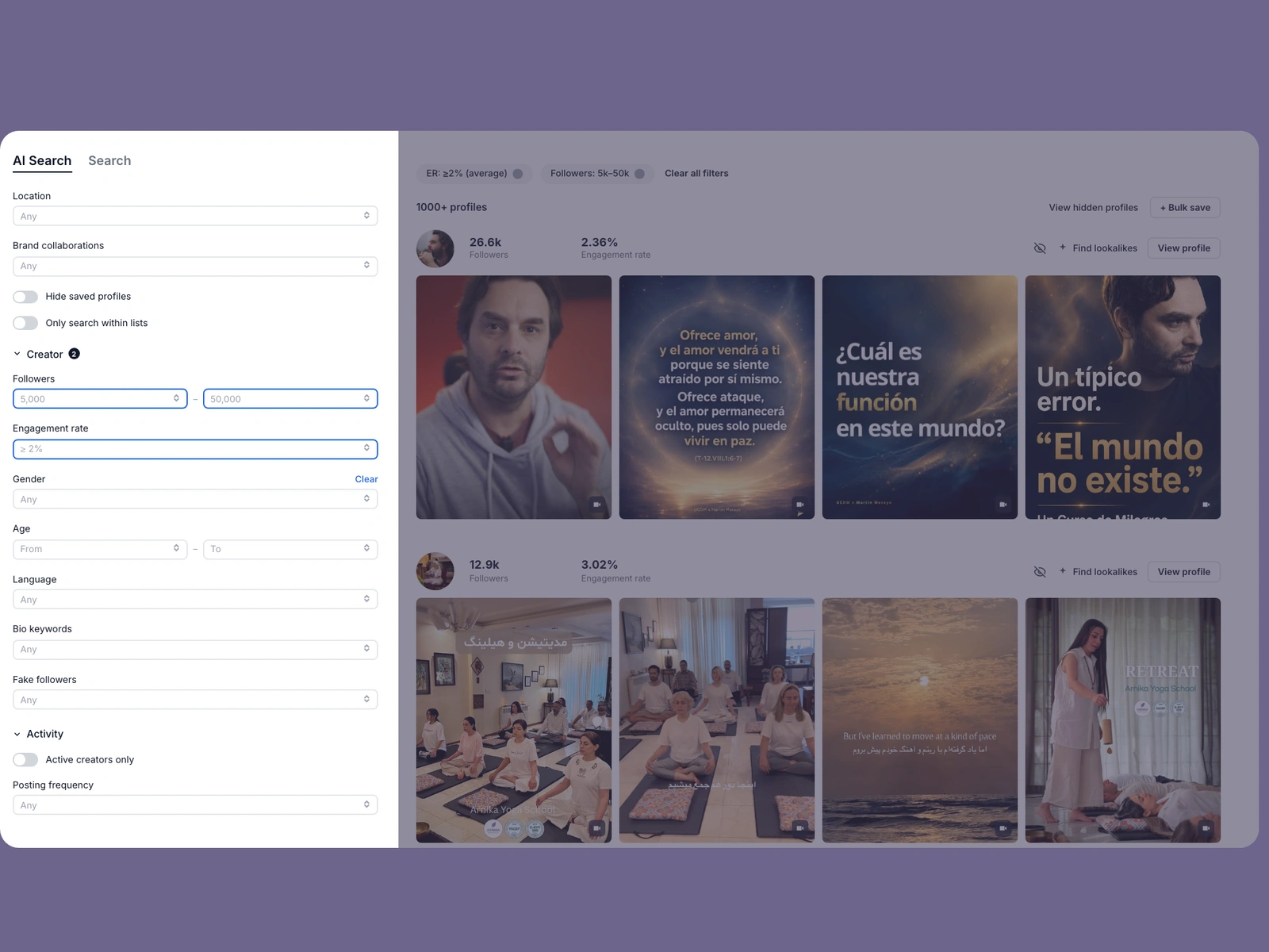 Modash filters narrowing meditation creators