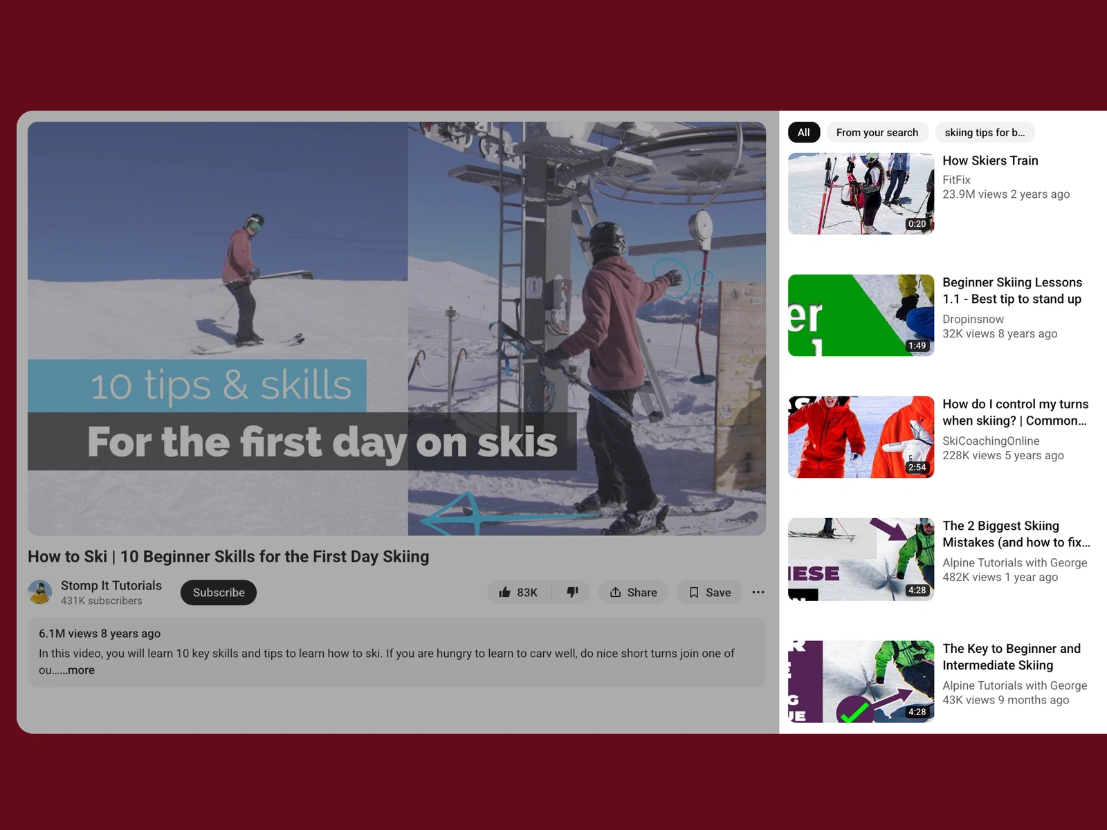 YouTube recommended videos beside a skiing video