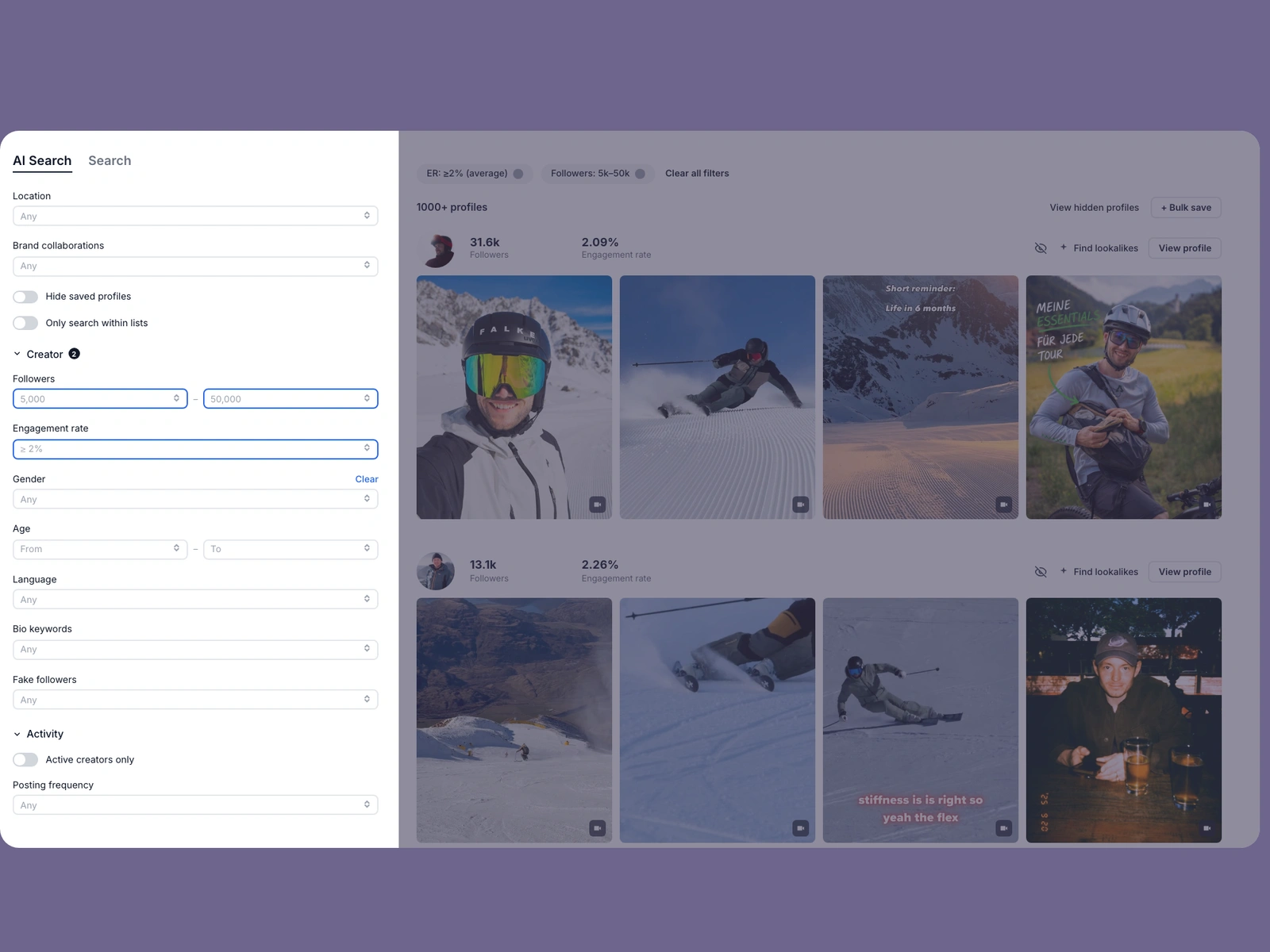 Modash filters narrowing skiing creators