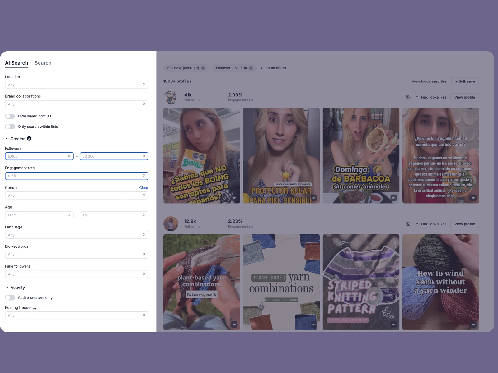 Modash filters narrowing vegan fashion creators