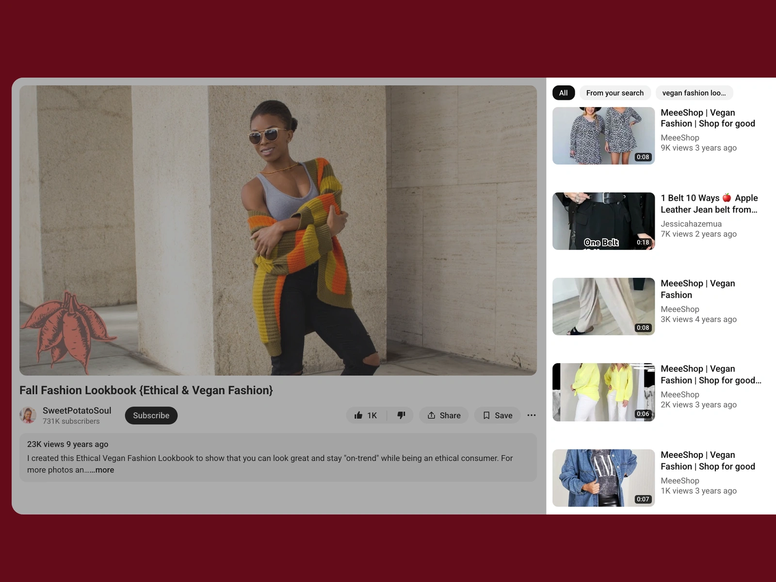 YouTube recommended videos beside a vegan fashion video