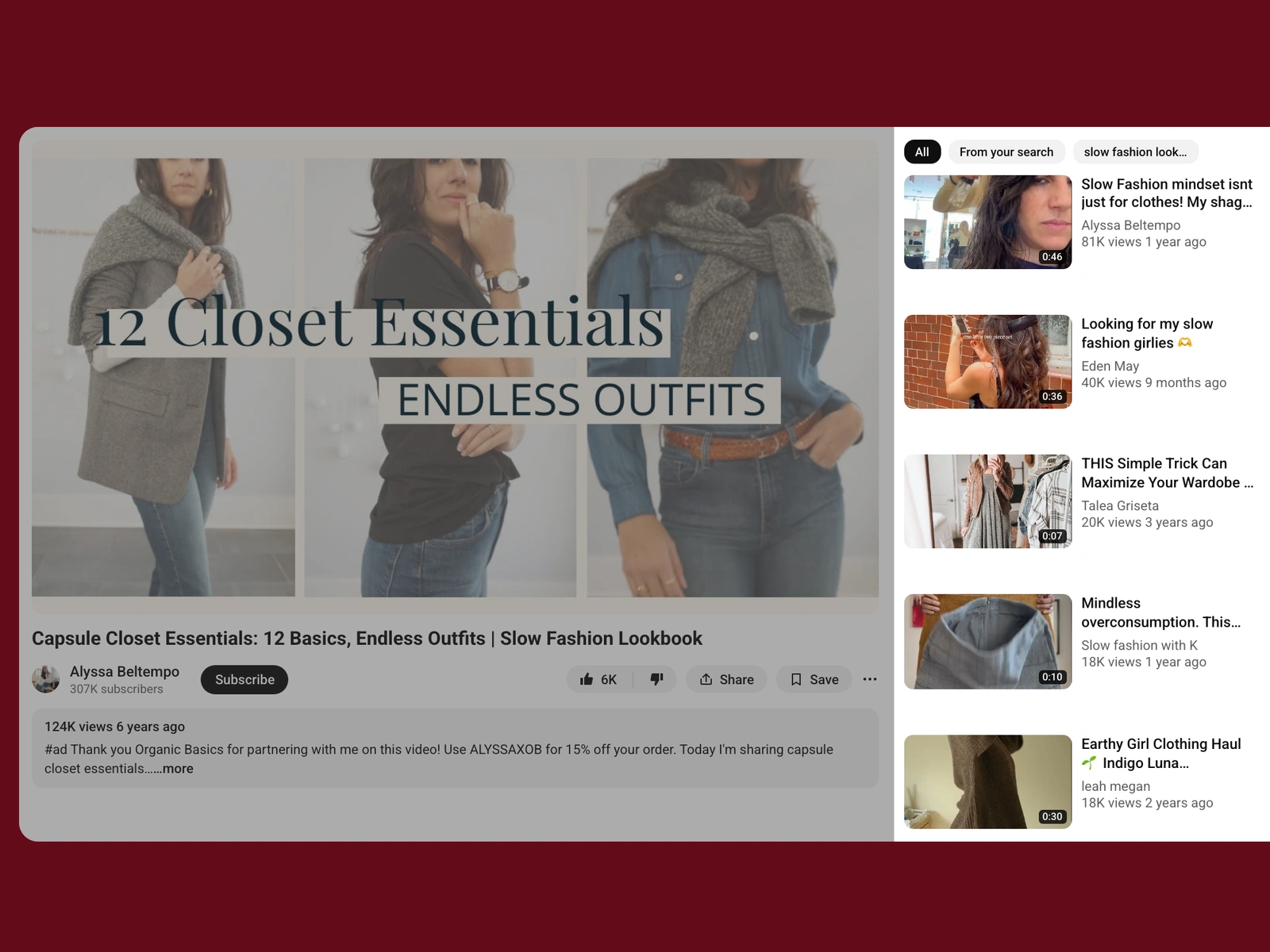 YouTube recommended videos beside a slow fashion video