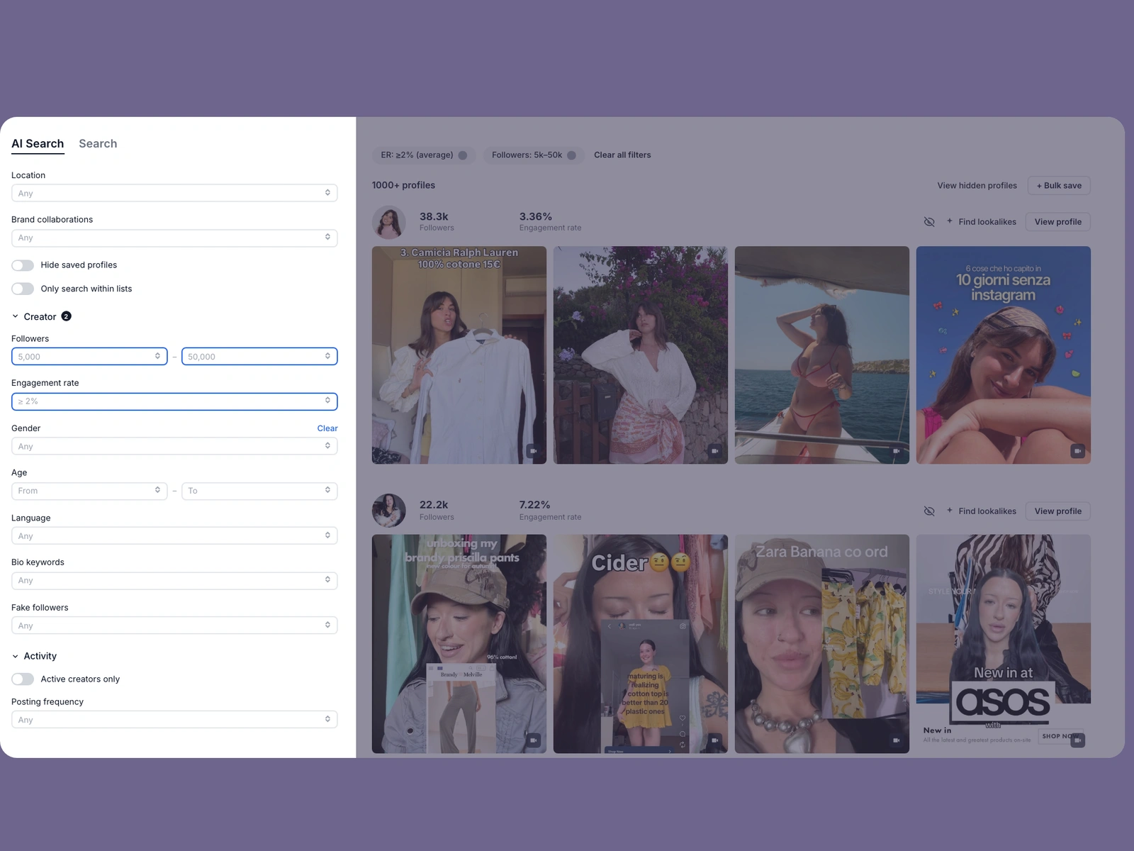 Modash filters narrowing slow fashion creators