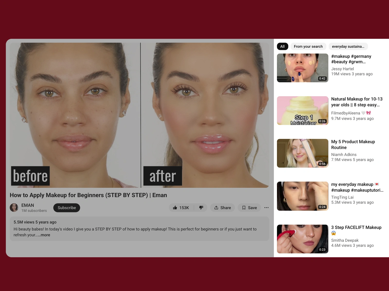 YouTube recommended videos beside a sustainable beauty video
