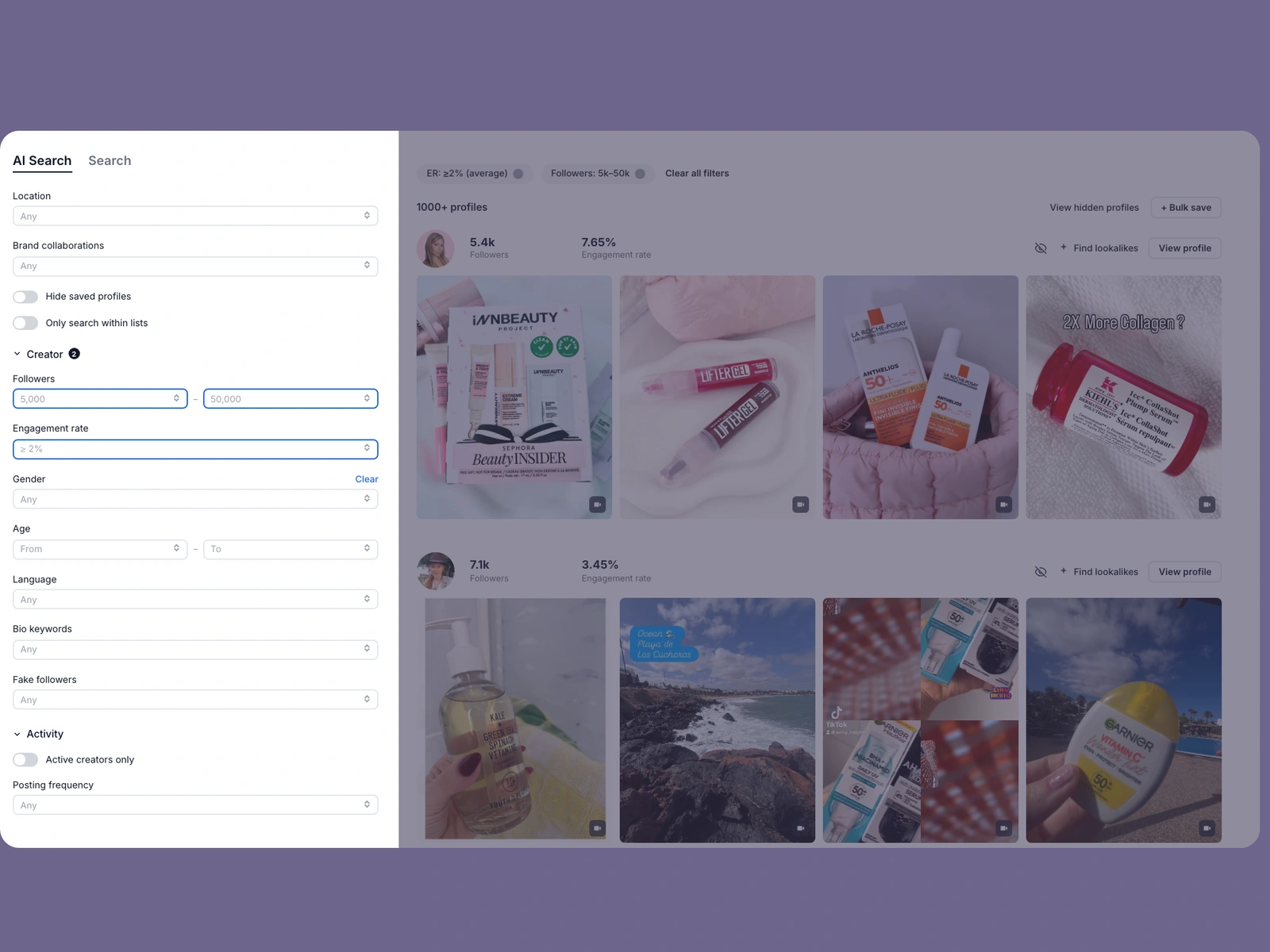 Modash filters narrowing sustainable beauty creators