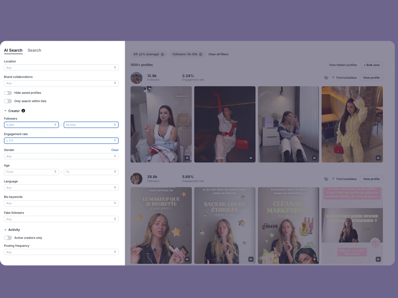 Modash filters narrowing ethical fashion creators