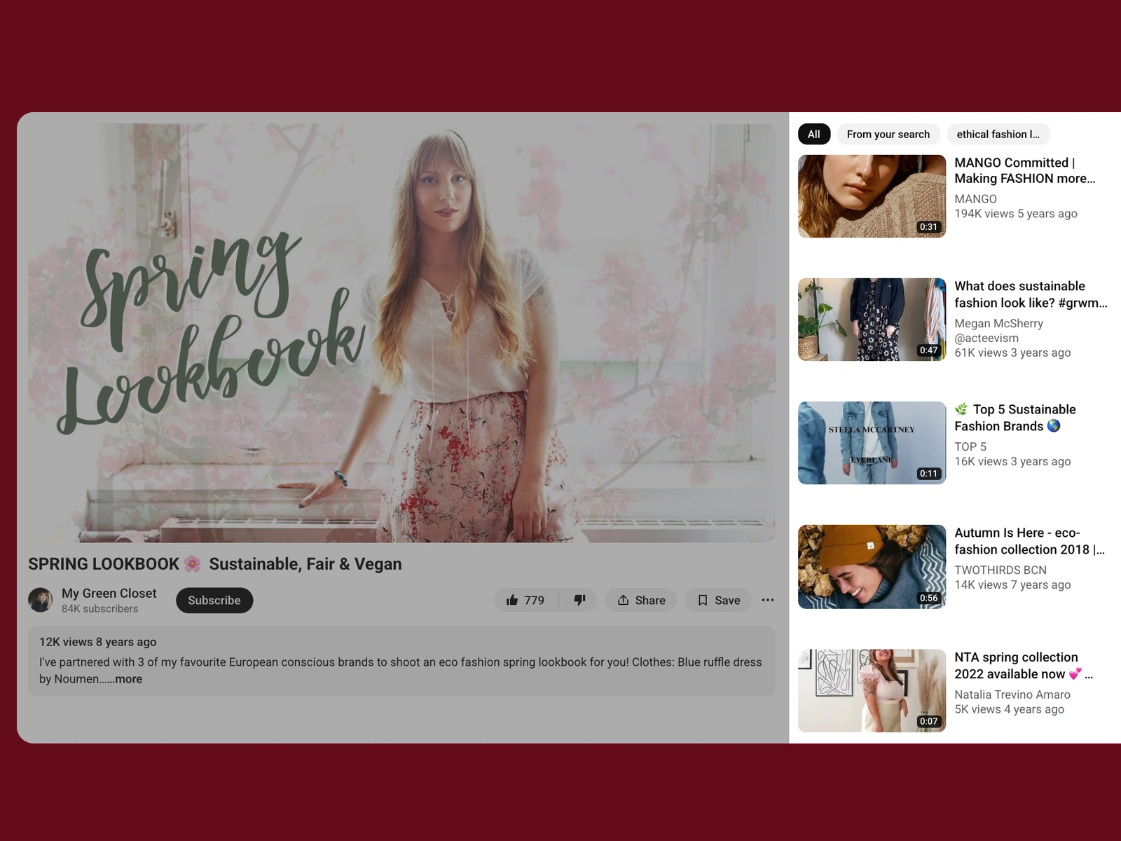 YouTube recommended videos beside a ethical fashion video