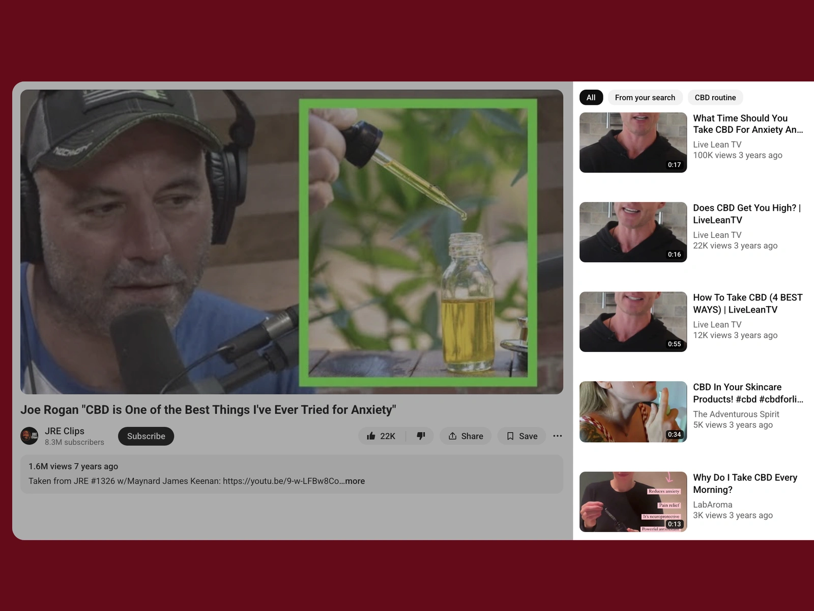 YouTube recommended videos beside a cbd video