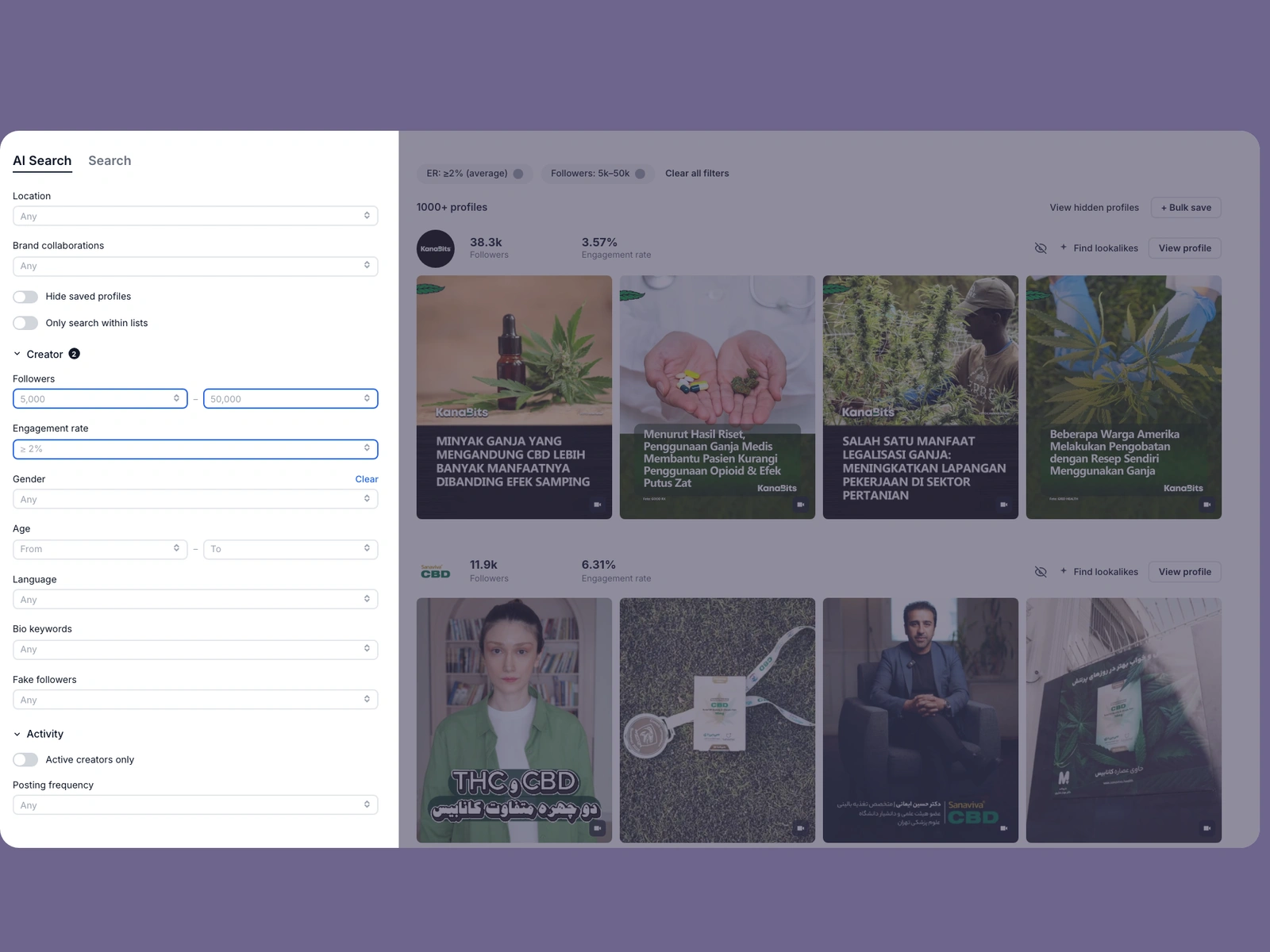 Modash filters narrowing cbd creators