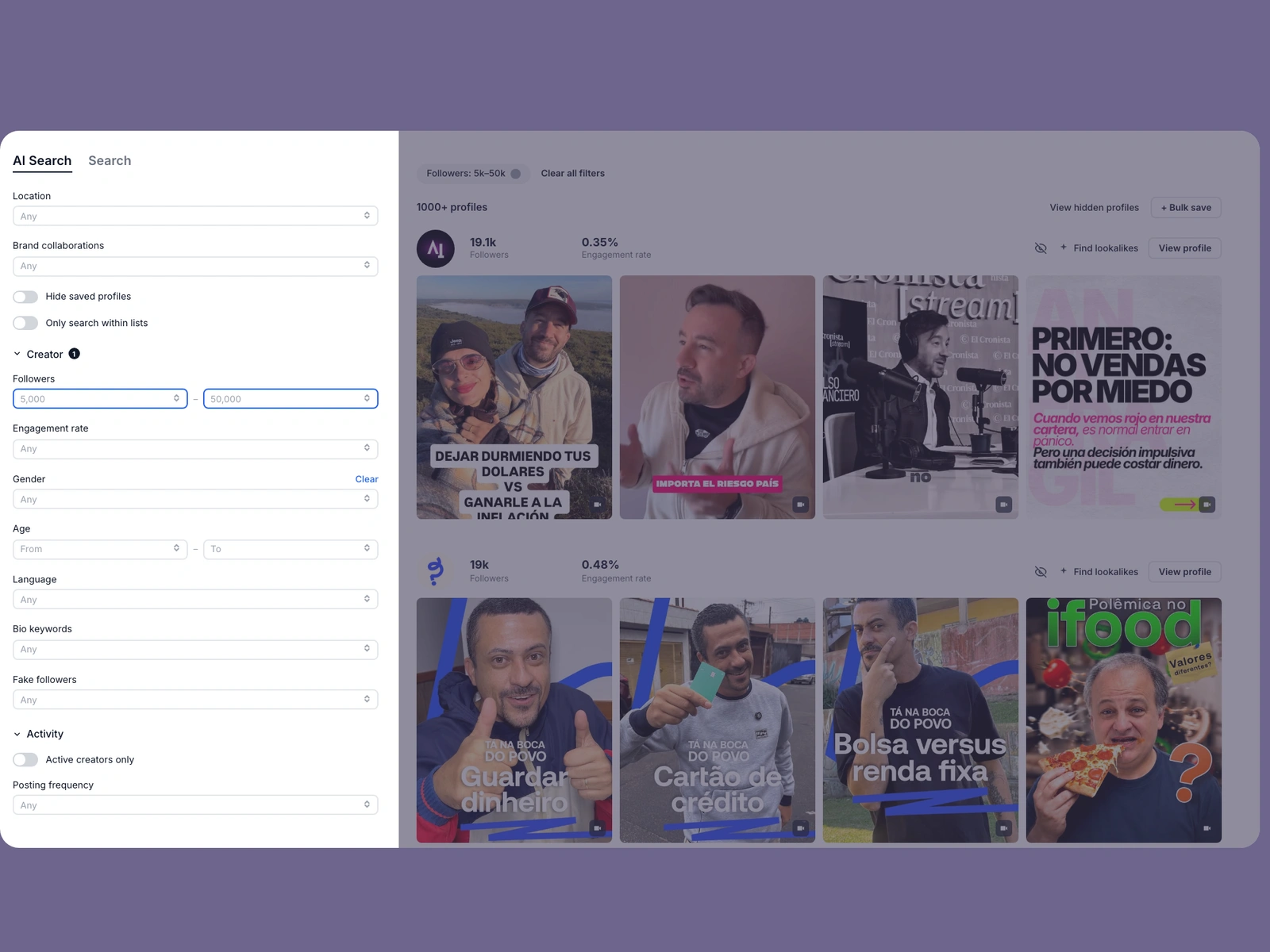 Modash filters narrowing finance creators