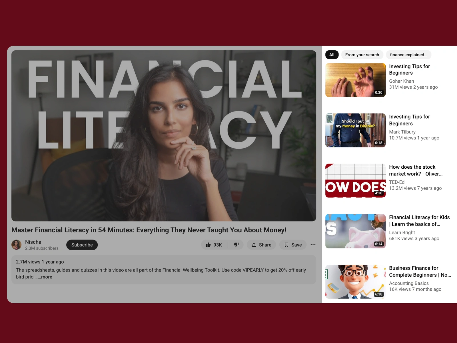 YouTube recommended videos beside a finance video