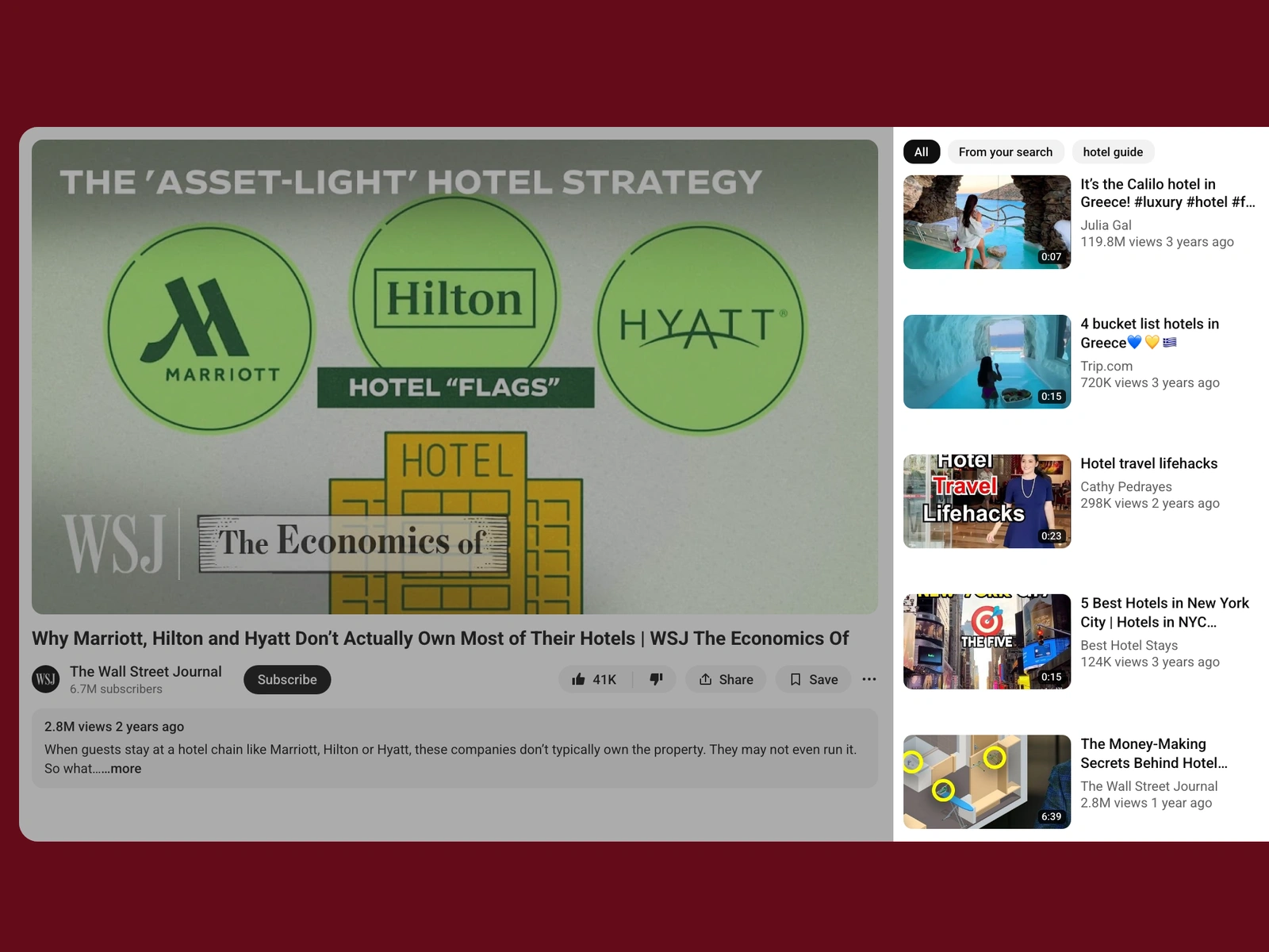 YouTube recommended videos beside a hotel video