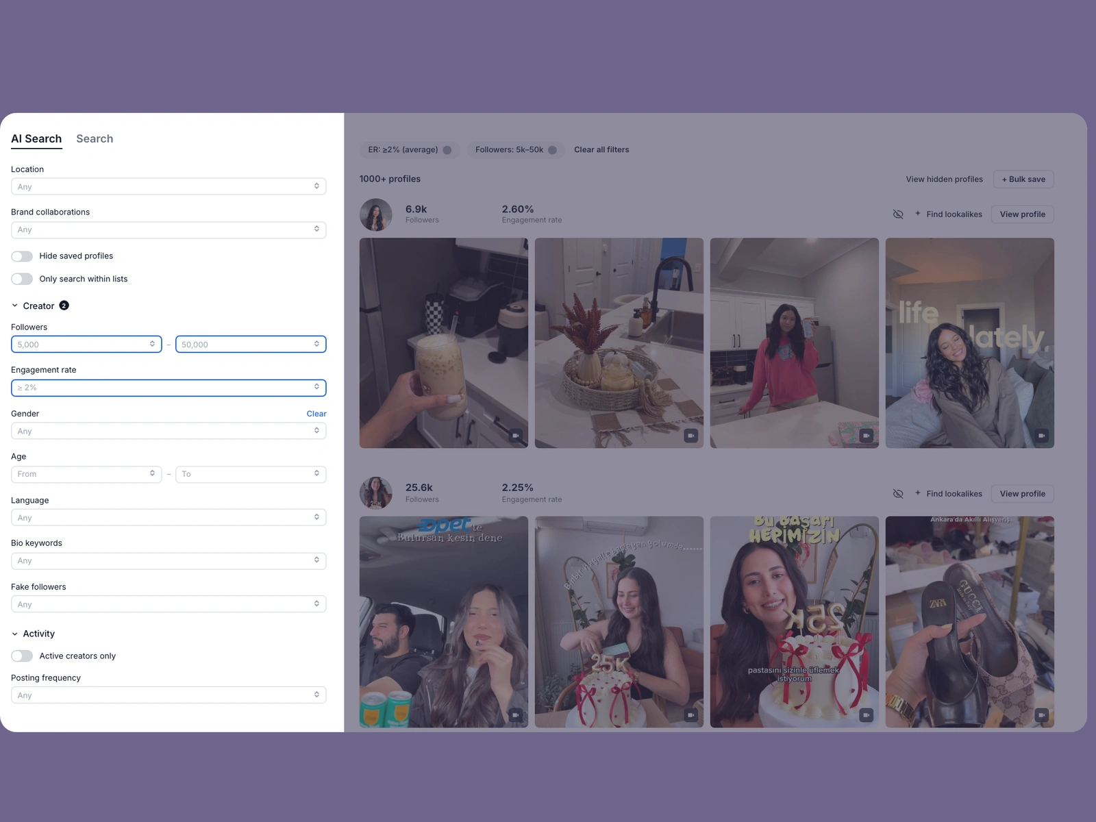 Modash filters narrowing lifestyle creators