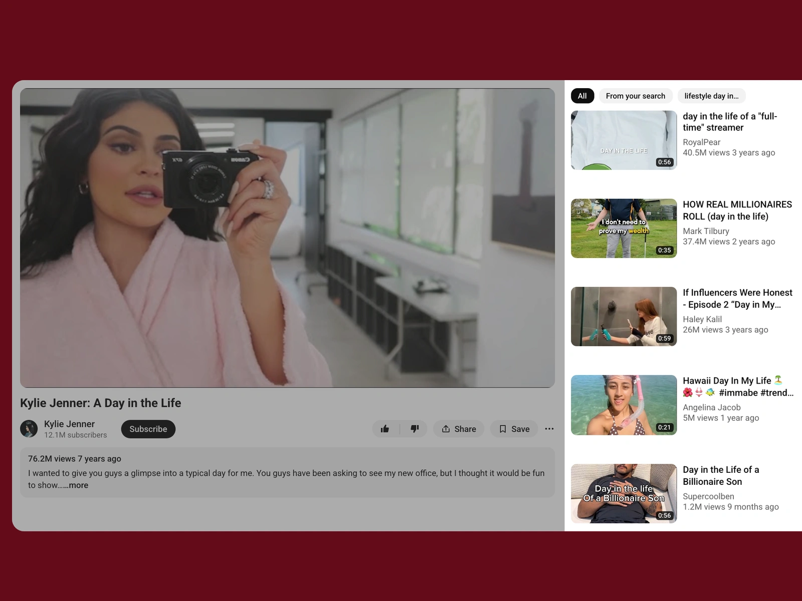 YouTube recommended videos beside a lifestyle video
