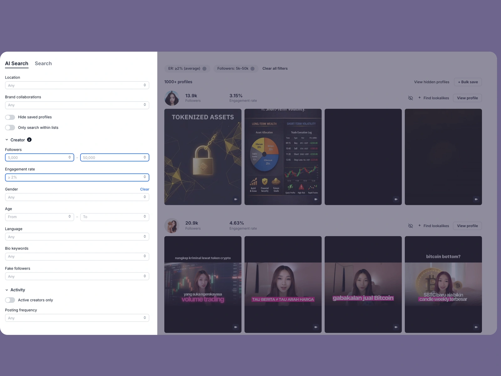 Modash filters narrowing nft creators
