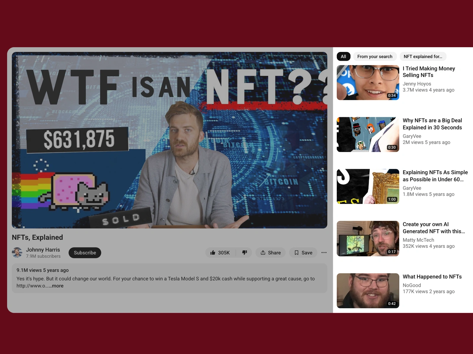 YouTube recommended videos beside a nft video