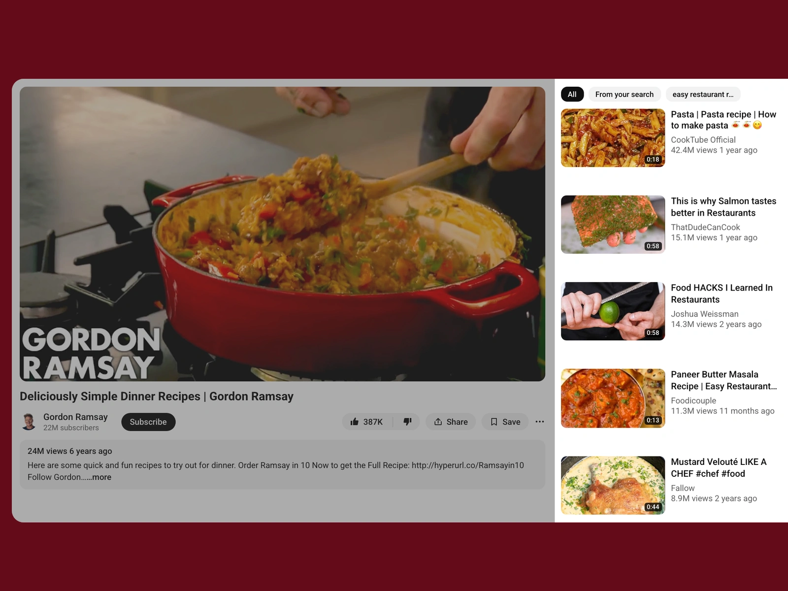 YouTube recommended videos beside a restaurant video