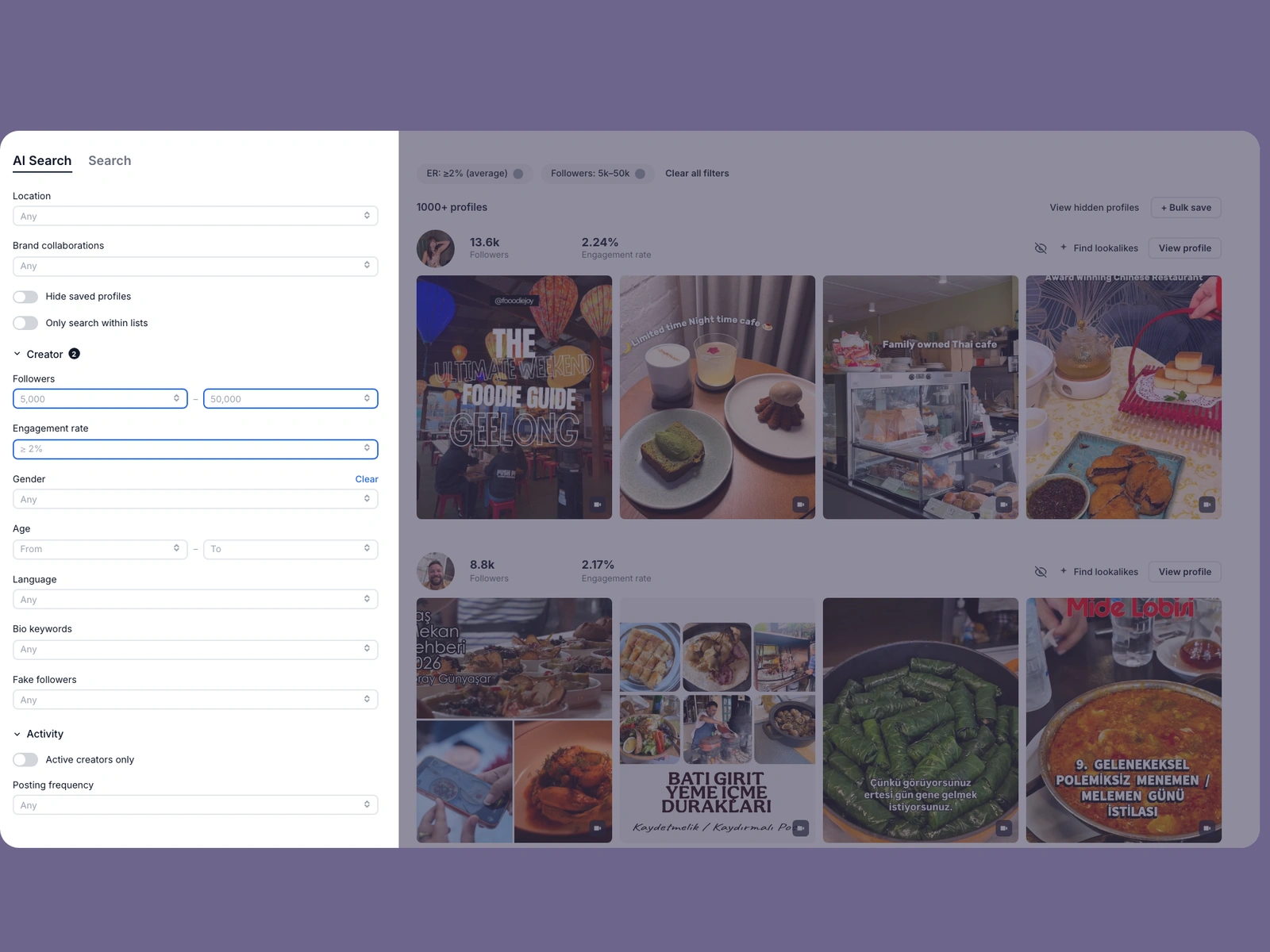 Modash filters narrowing restaurant creators