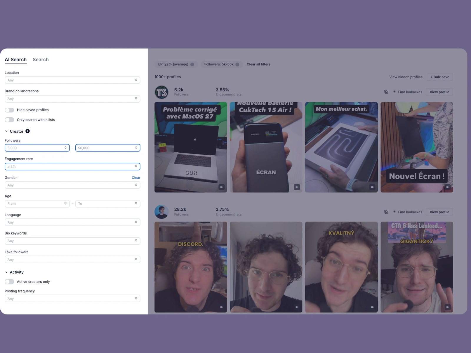 Modash filters narrowing tech creators