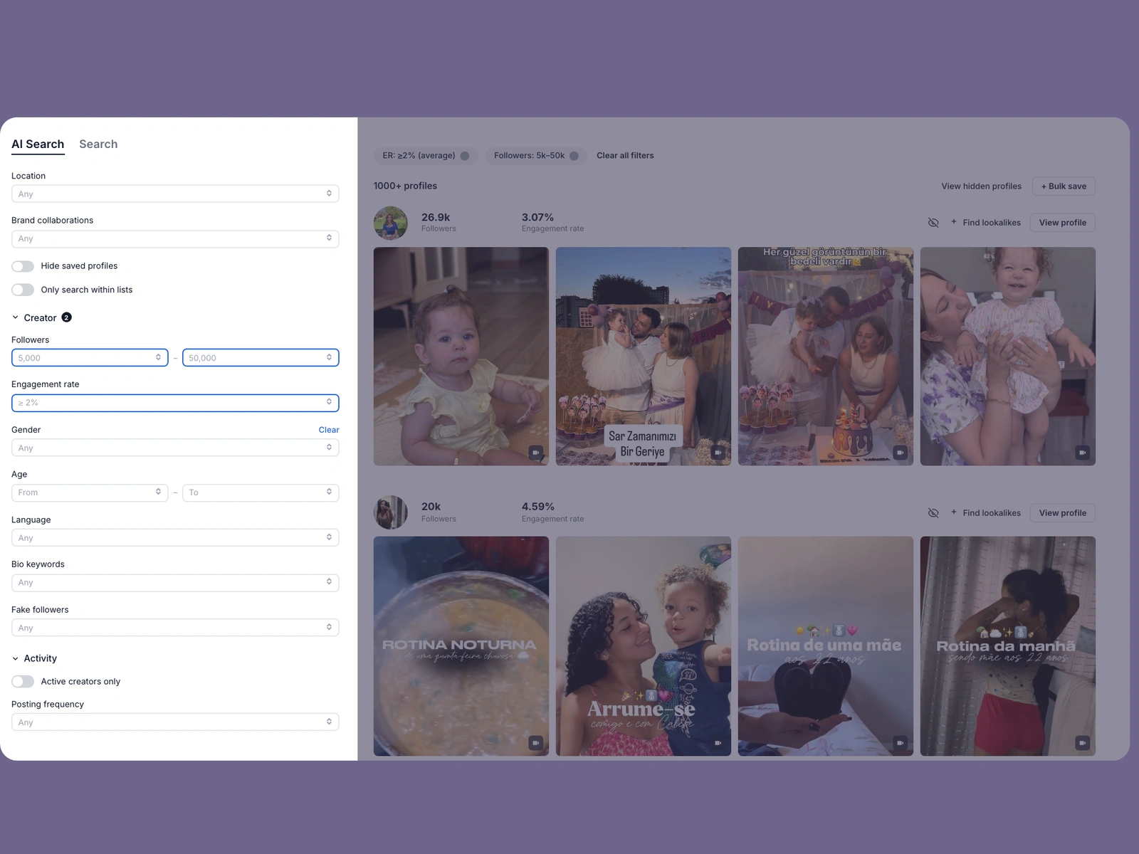 Modash filters narrowing mom creators