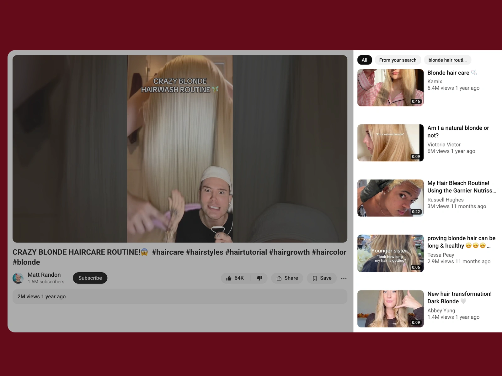 YouTube recommended videos beside a blonde hair video