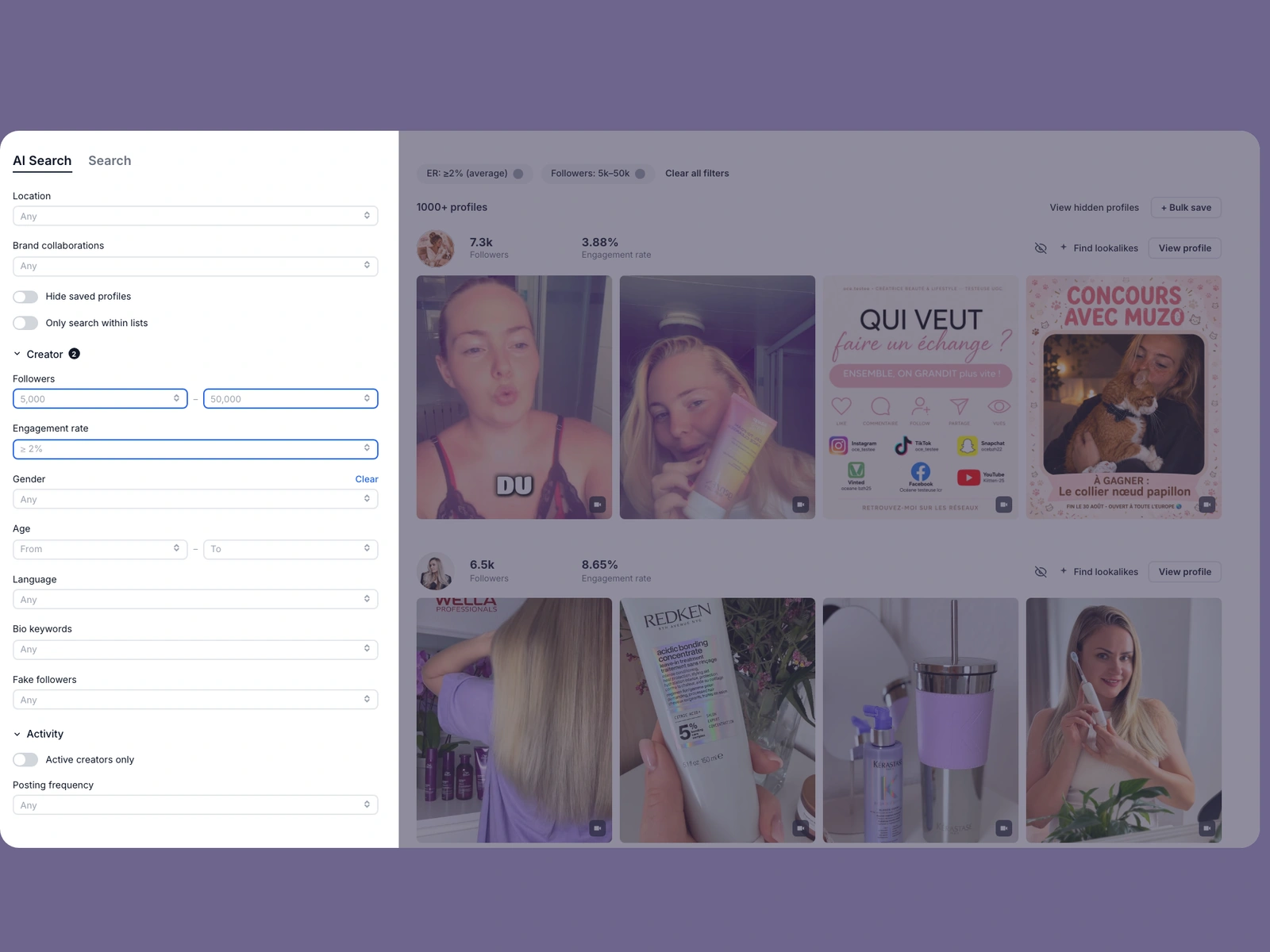 Modash filters narrowing blonde hair creators