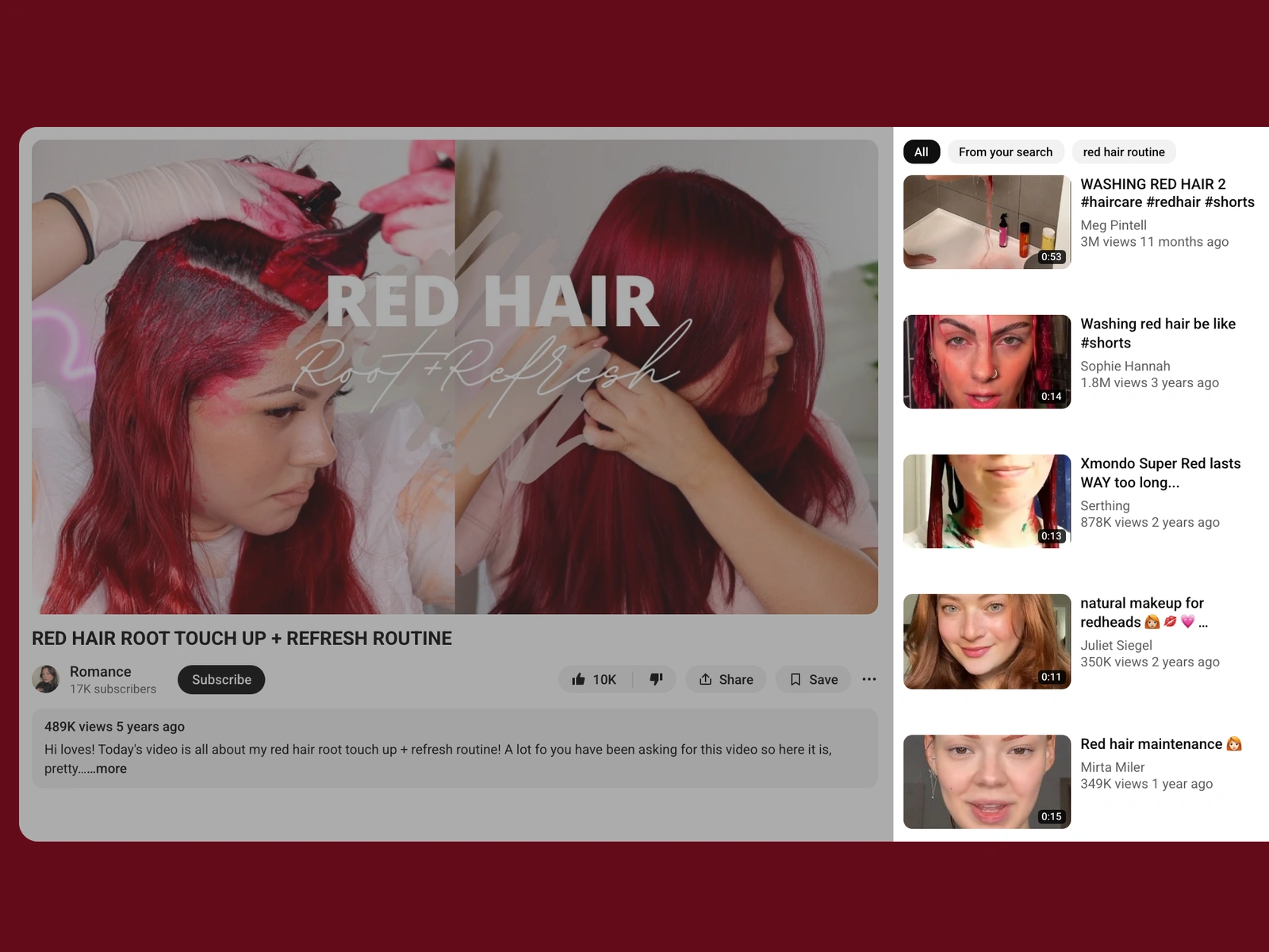 YouTube recommended videos beside a red hair video