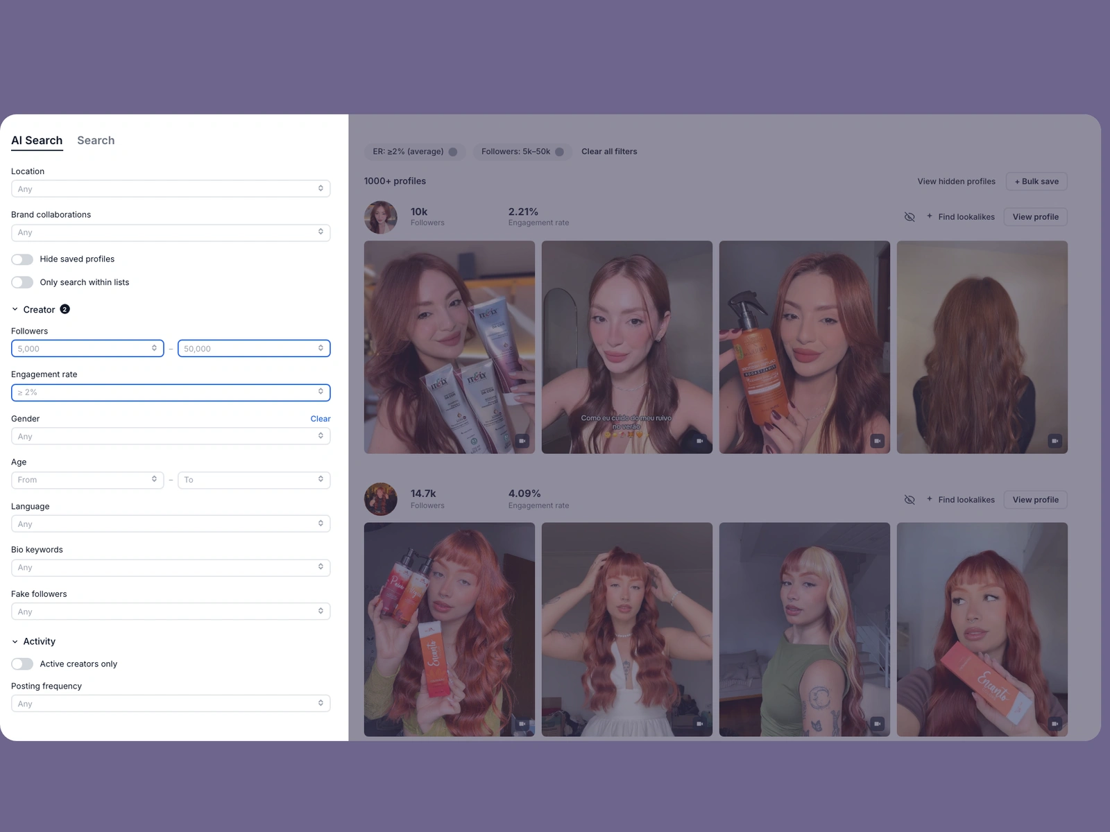 Modash filters narrowing red hair creators