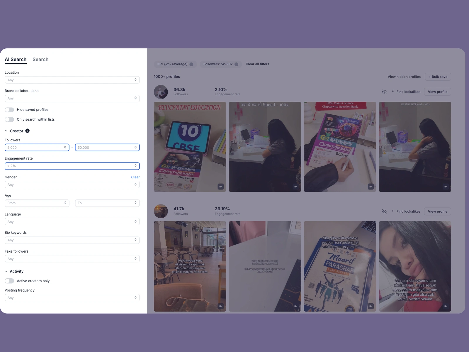 Modash filters narrowing student creators