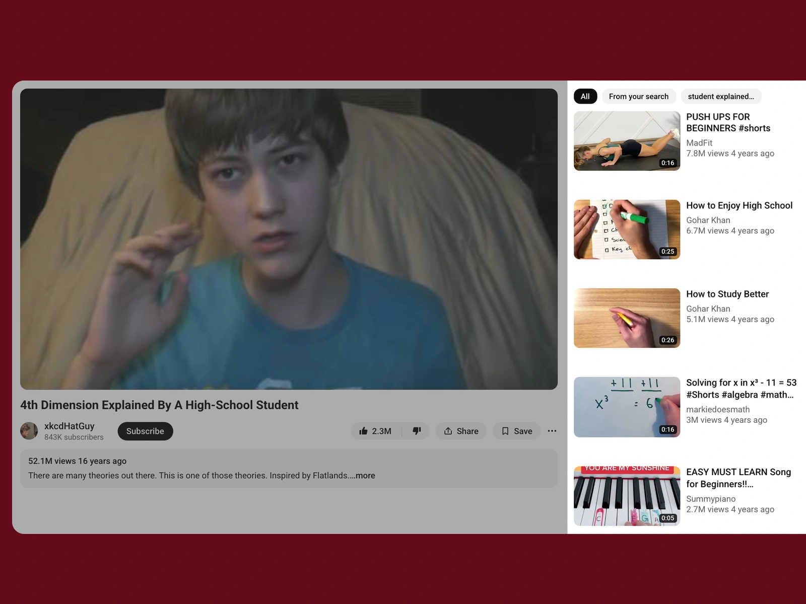 YouTube recommended videos beside a student video