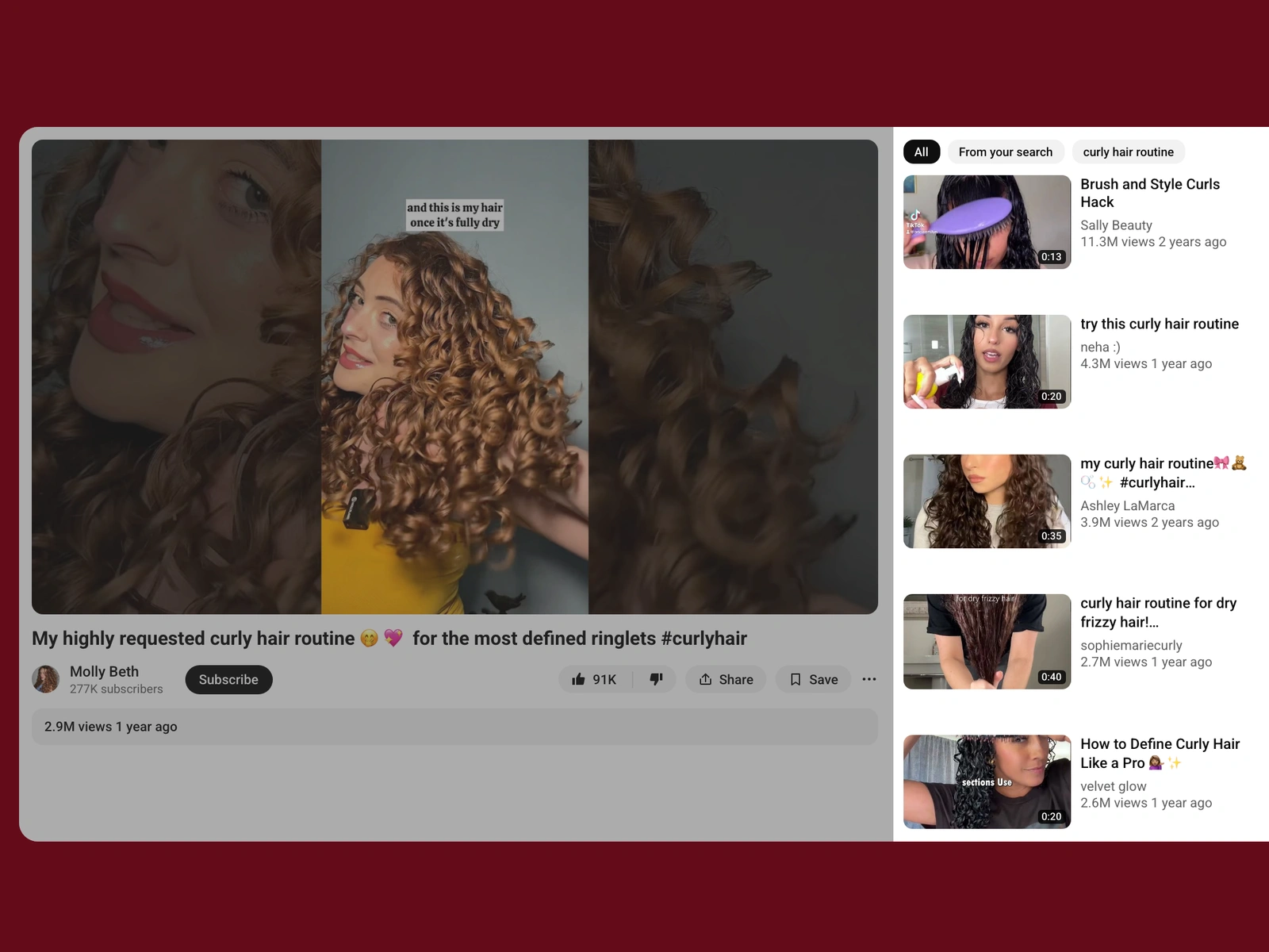 YouTube recommended videos beside a curly hair video