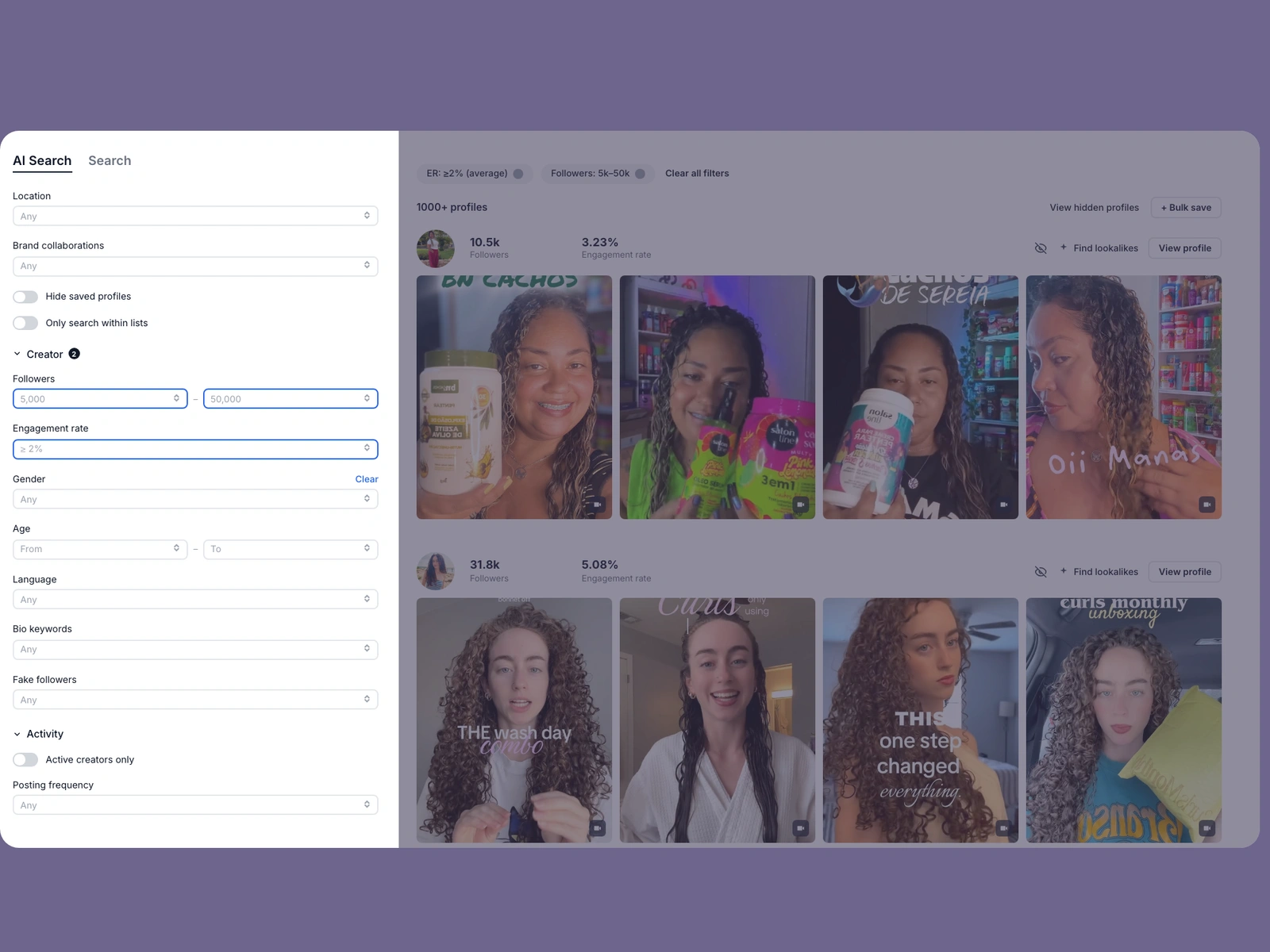 Modash filters narrowing curly hair creators