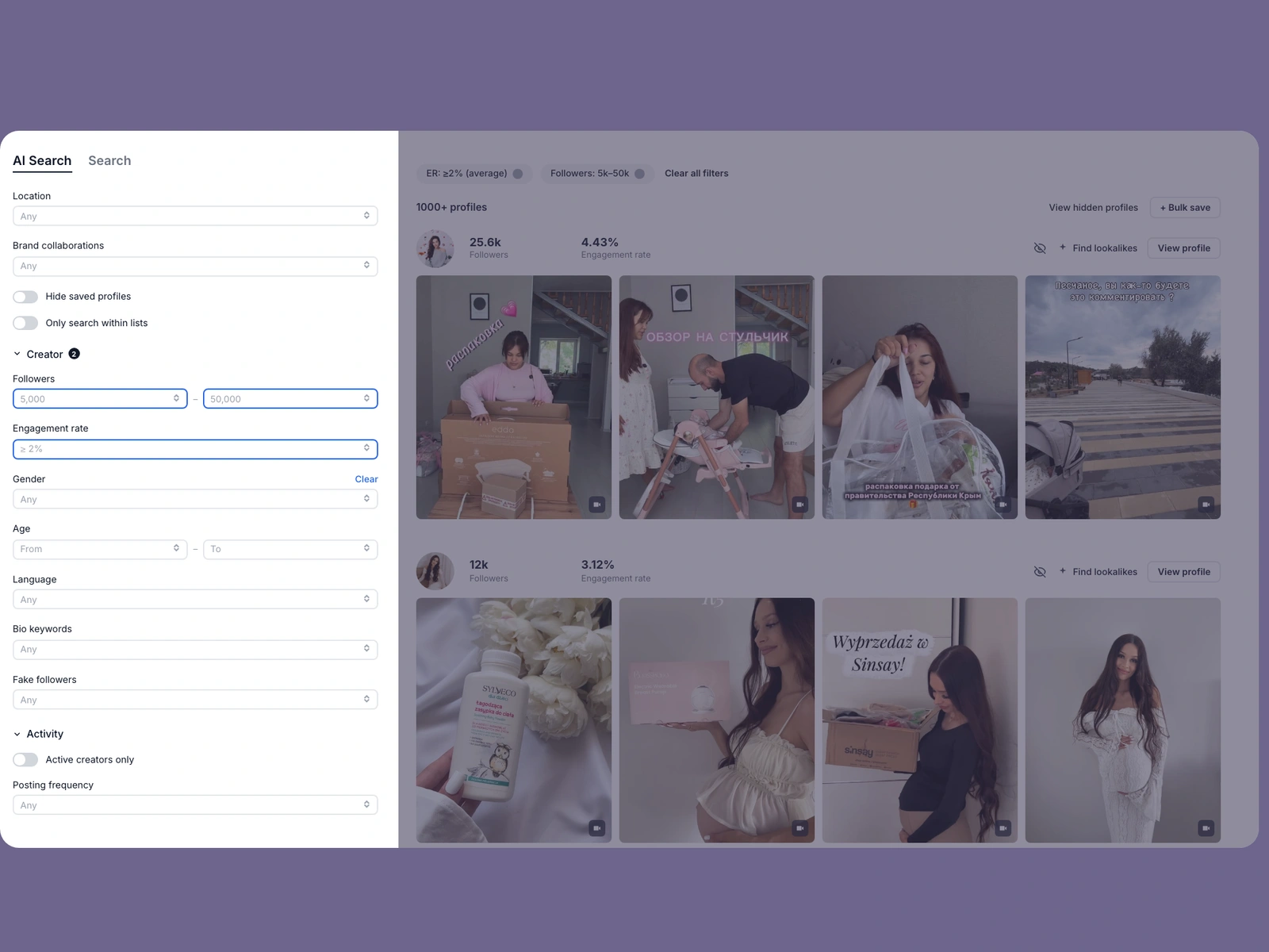 Modash filters narrowing pregnancy creators