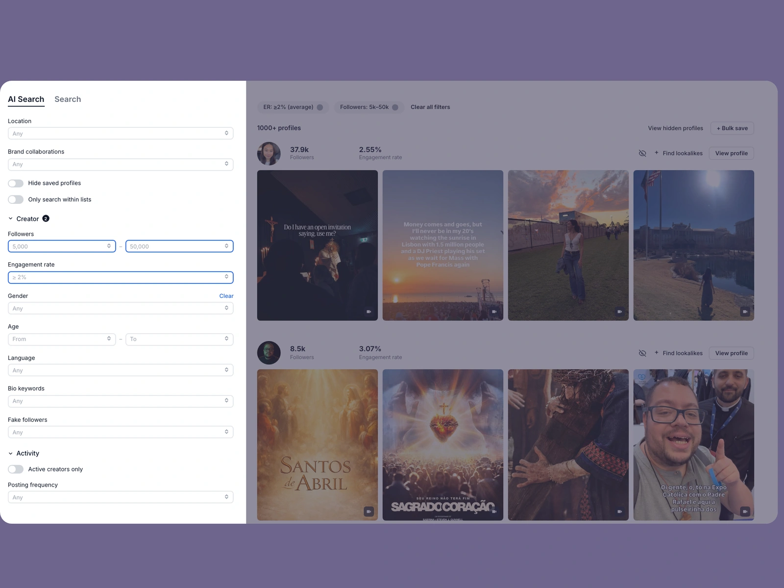Modash filters narrowing catholic creators