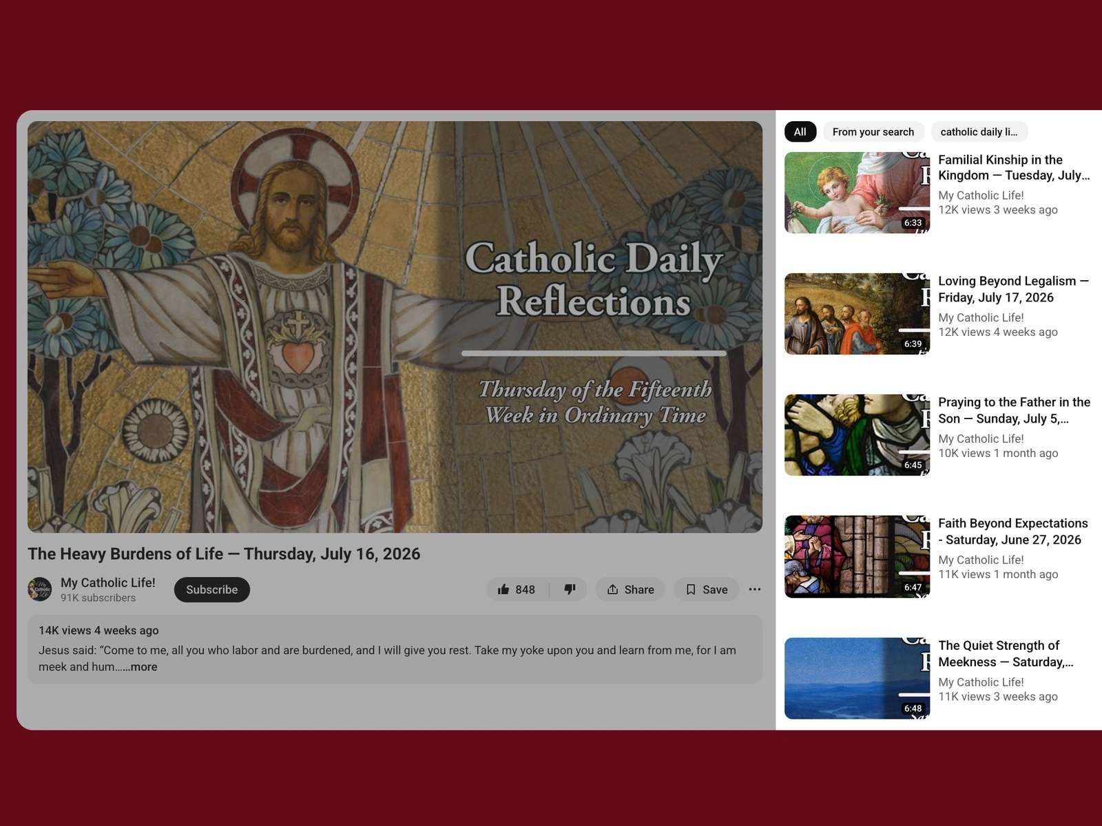 YouTube recommended videos beside a catholic video